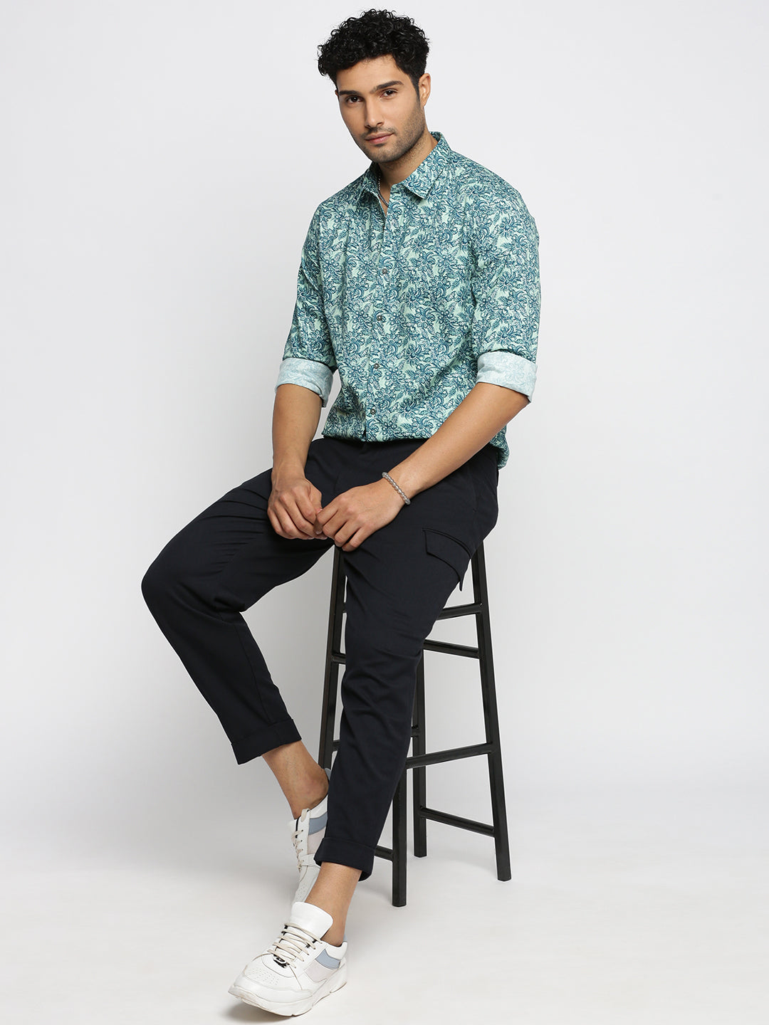 Men Sea Green Spread Collar Floral Shirt