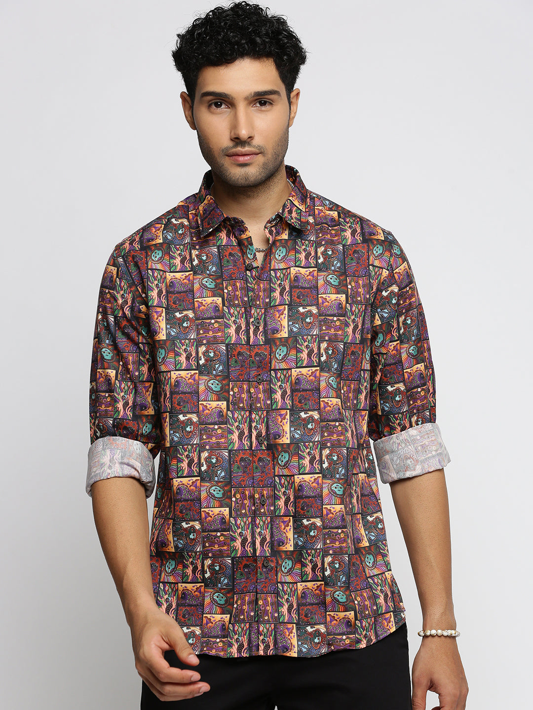Men Brown Spread Collar Ethnic Motifs Shirt