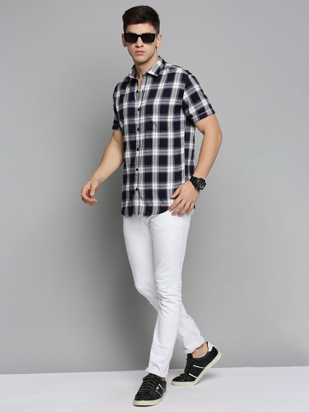 Men Navy Checked Casual Shirt