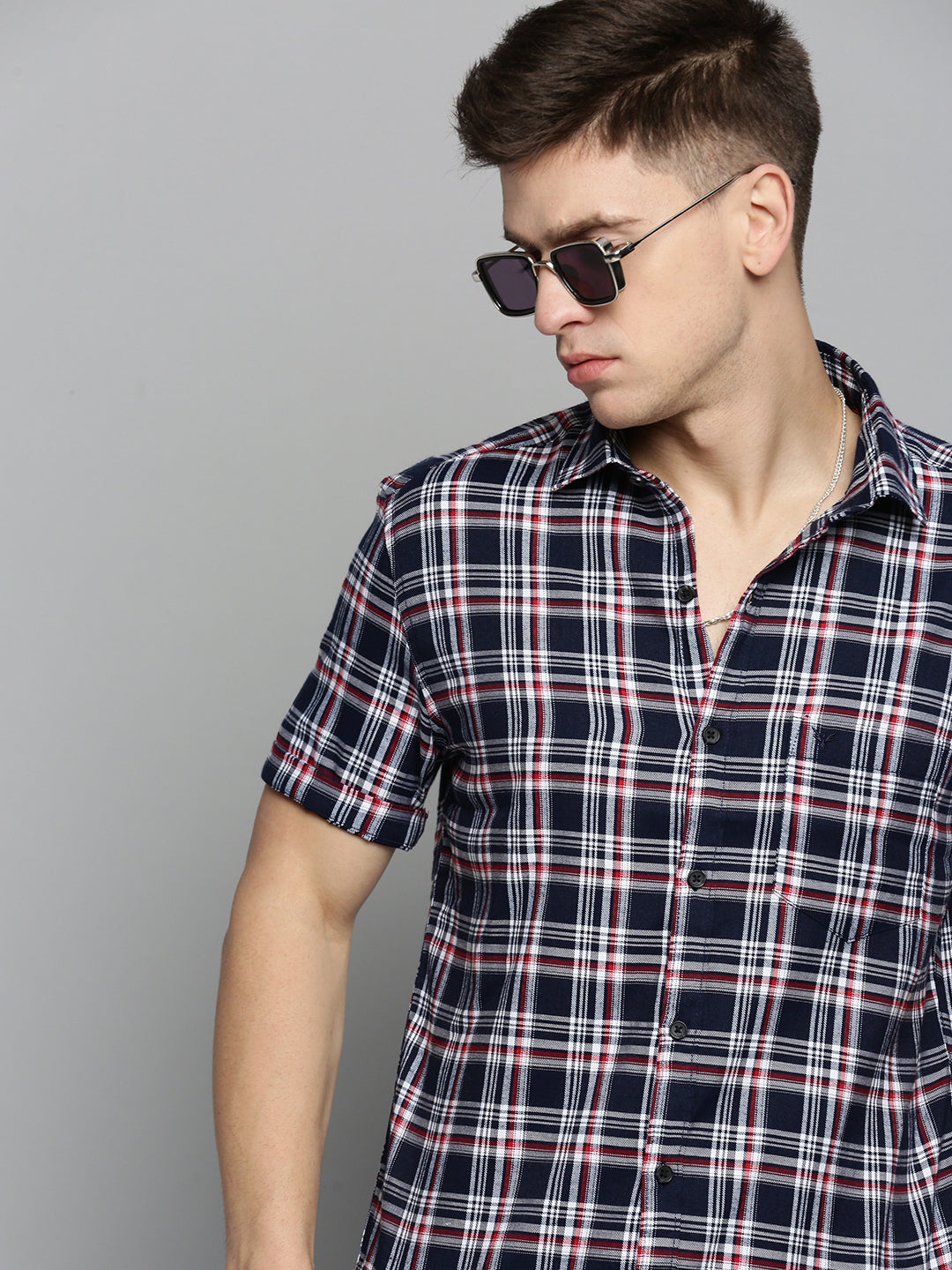 Men Navy Checked Casual Shirt