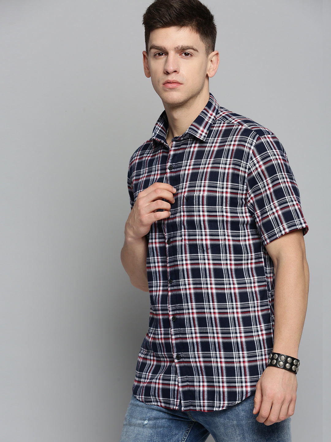 Men Navy Checked Casual Shirt