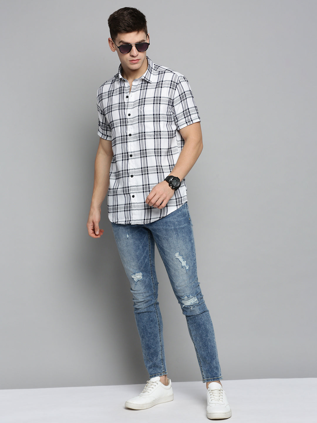 Men White Checked Casual Shirt