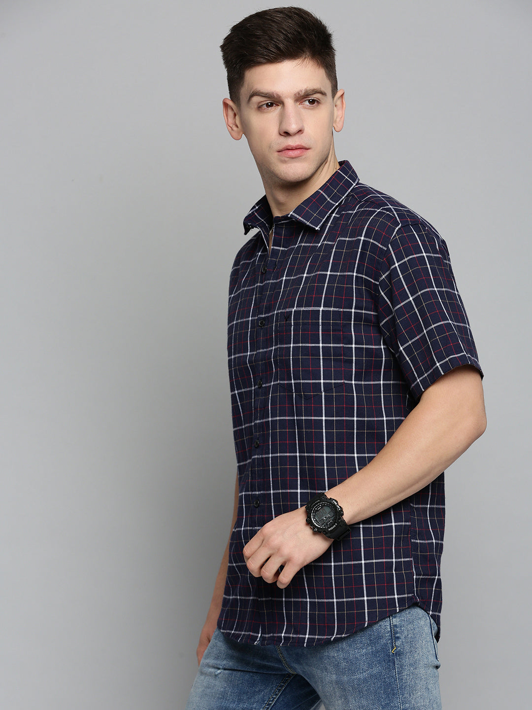 Men Navy Checked Casual Shirt