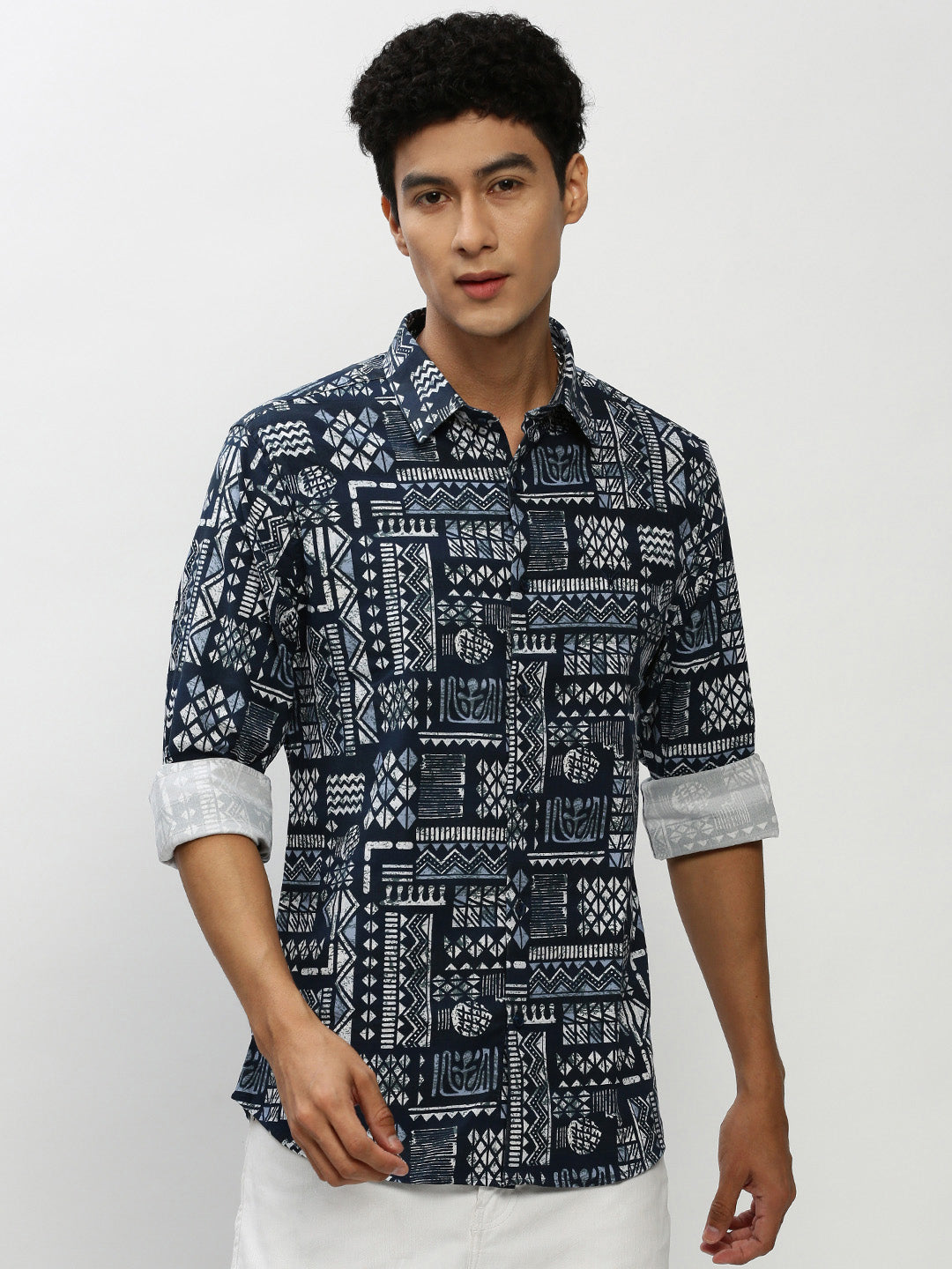 Men Navy Geometrical Casual Casual Shirts