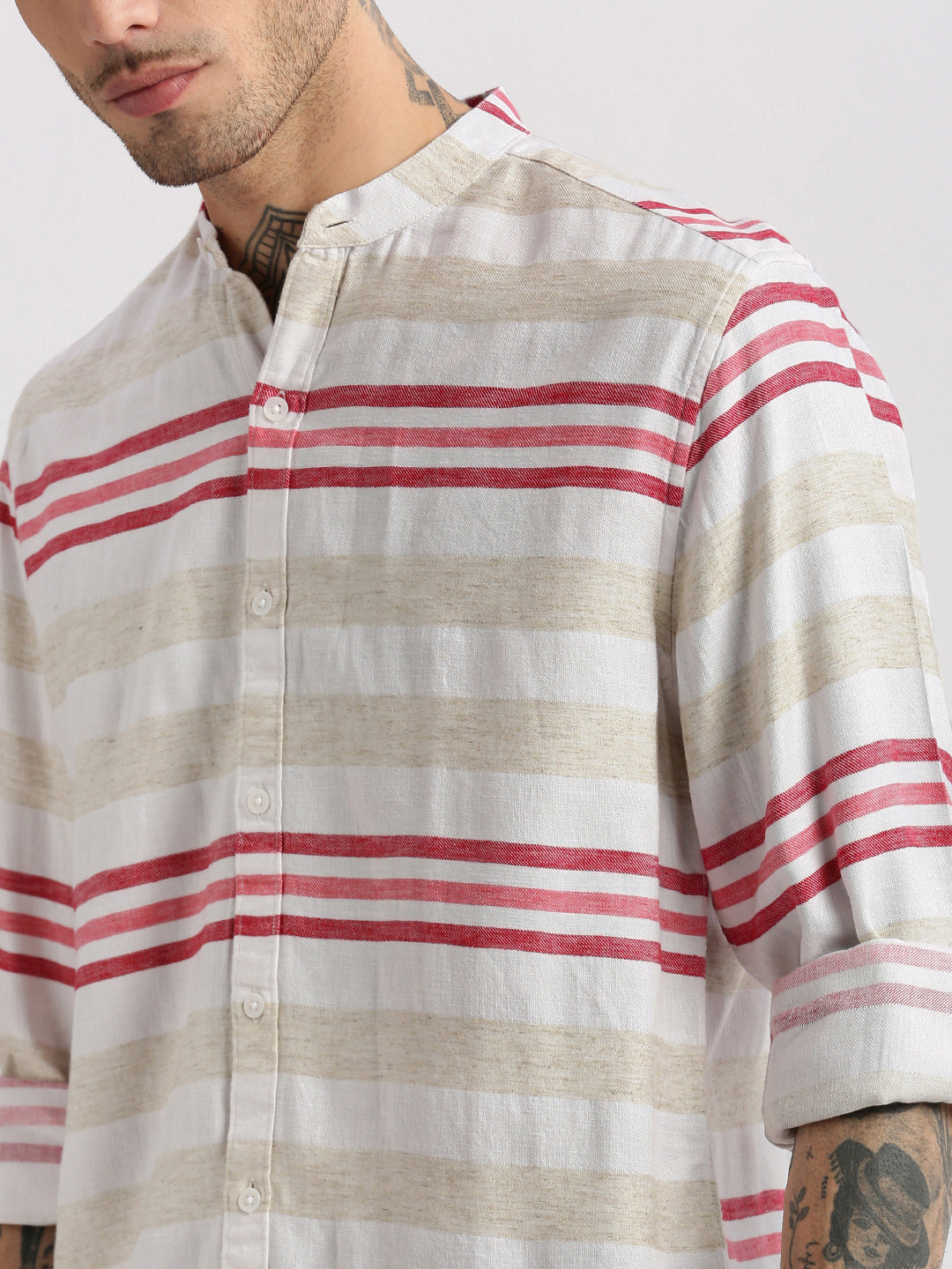 Men Mandarin Collar Horizontal Stripes Off White Casual Shirt