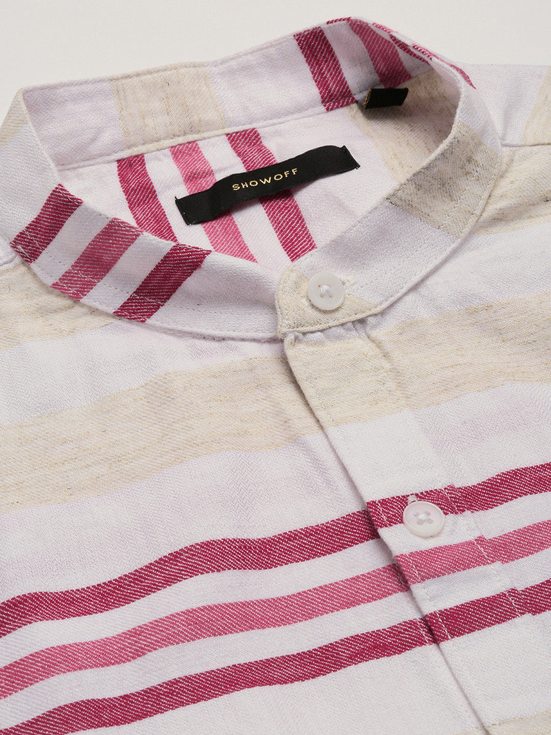 Men Mandarin Collar Horizontal Stripes Off White Casual Shirt