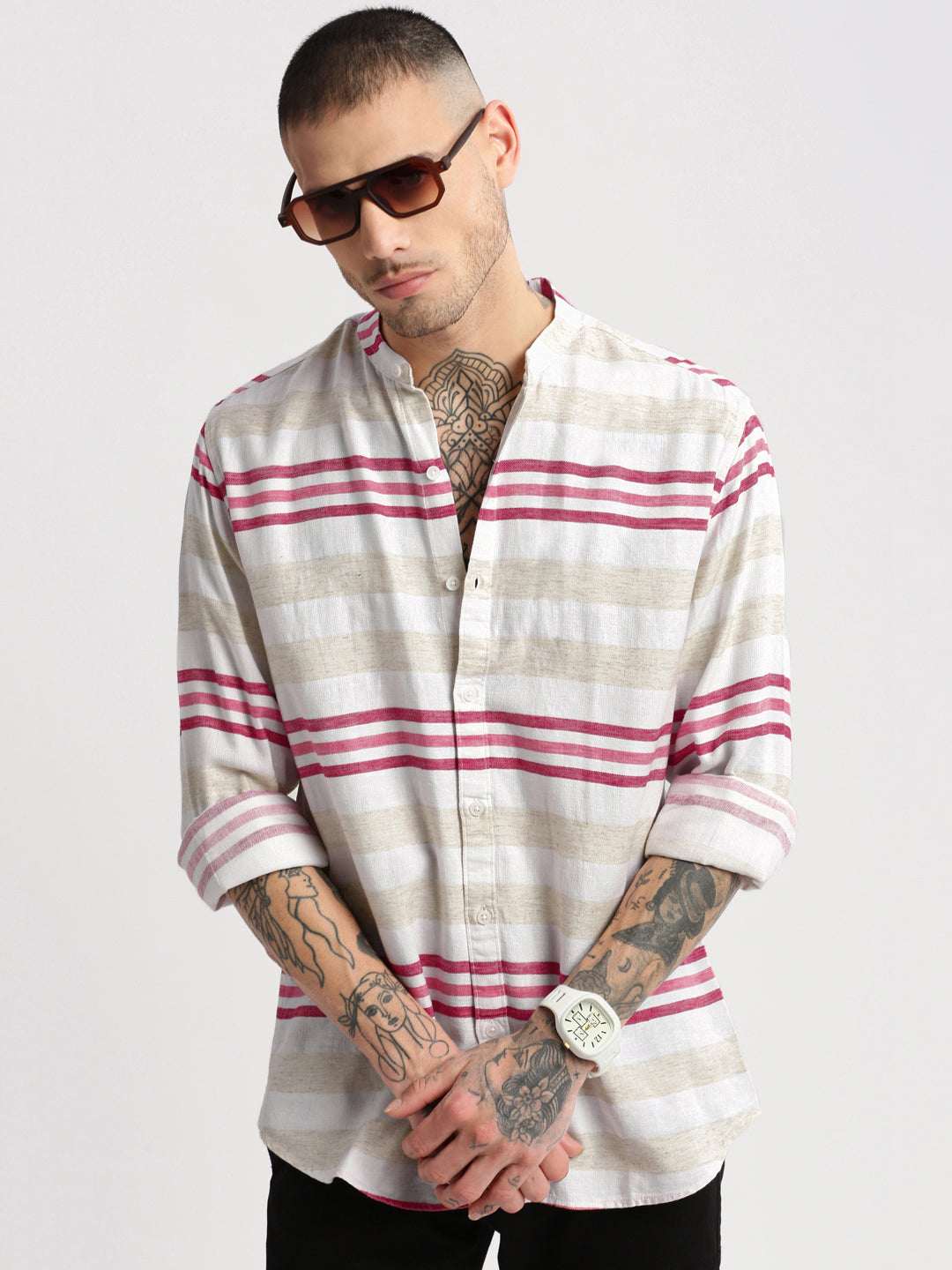 Men Mandarin Collar Horizontal Stripes Off White Casual Shirt