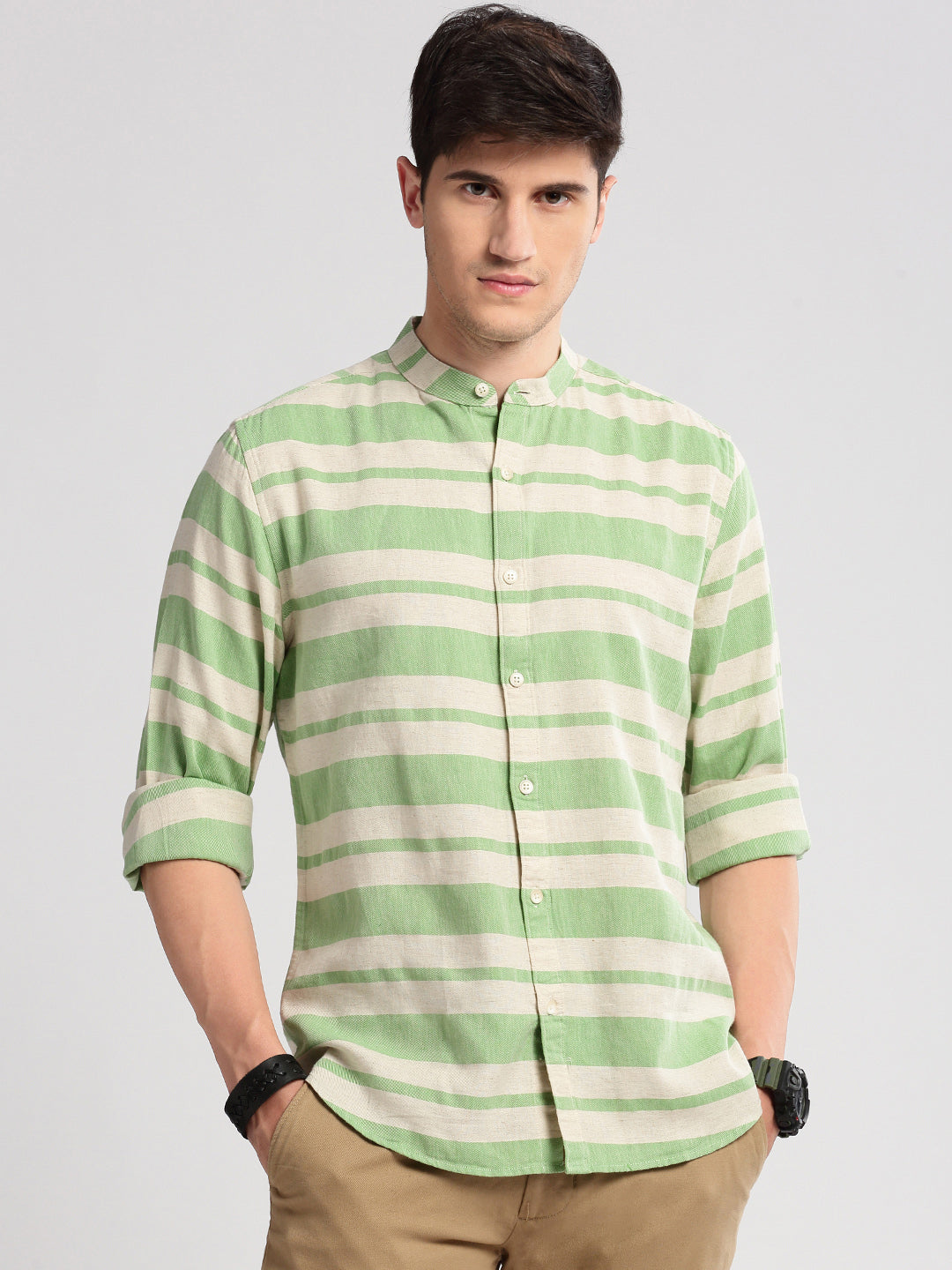 Men Mandarin Collar Horizontal Stripes Green Casual Shirt