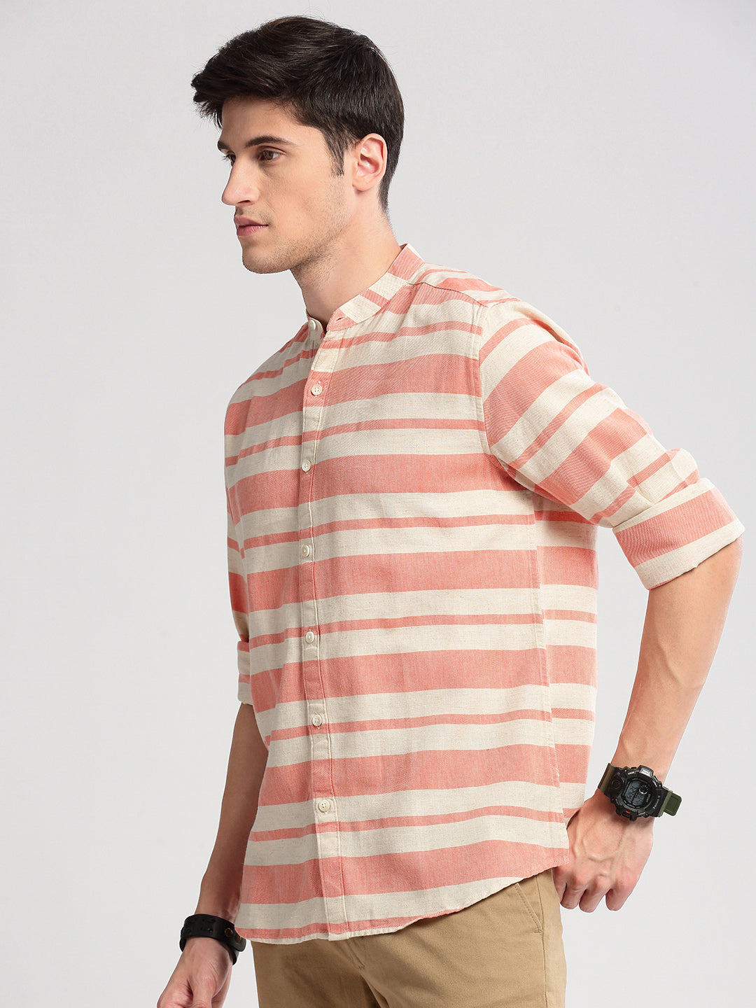 Men Mandarin Collar Horizontal Stripes Orange Casual Shirt