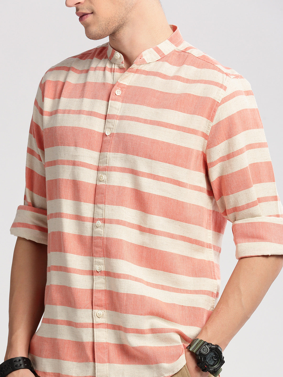 Men Mandarin Collar Horizontal Stripes Orange Casual Shirt