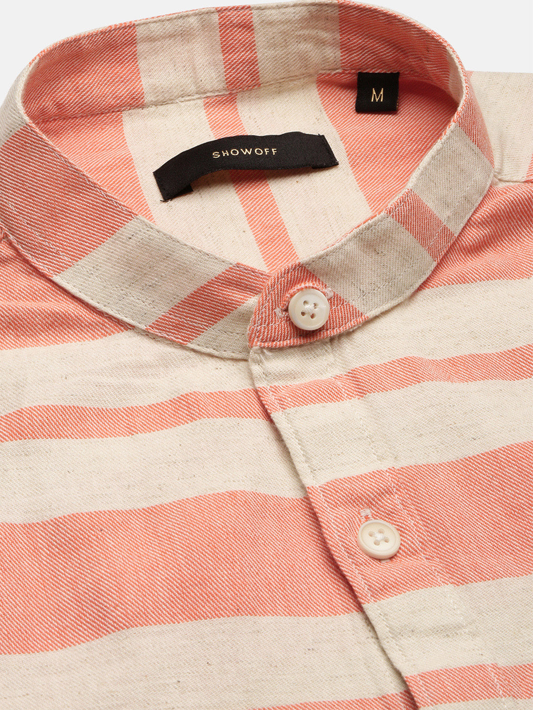 Men Mandarin Collar Horizontal Stripes Orange Casual Shirt