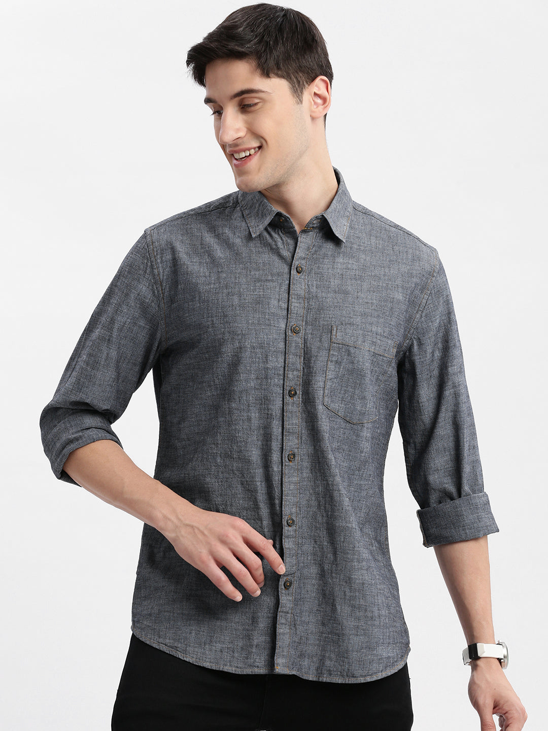 Men Spread Collar Solid Grey Shirt