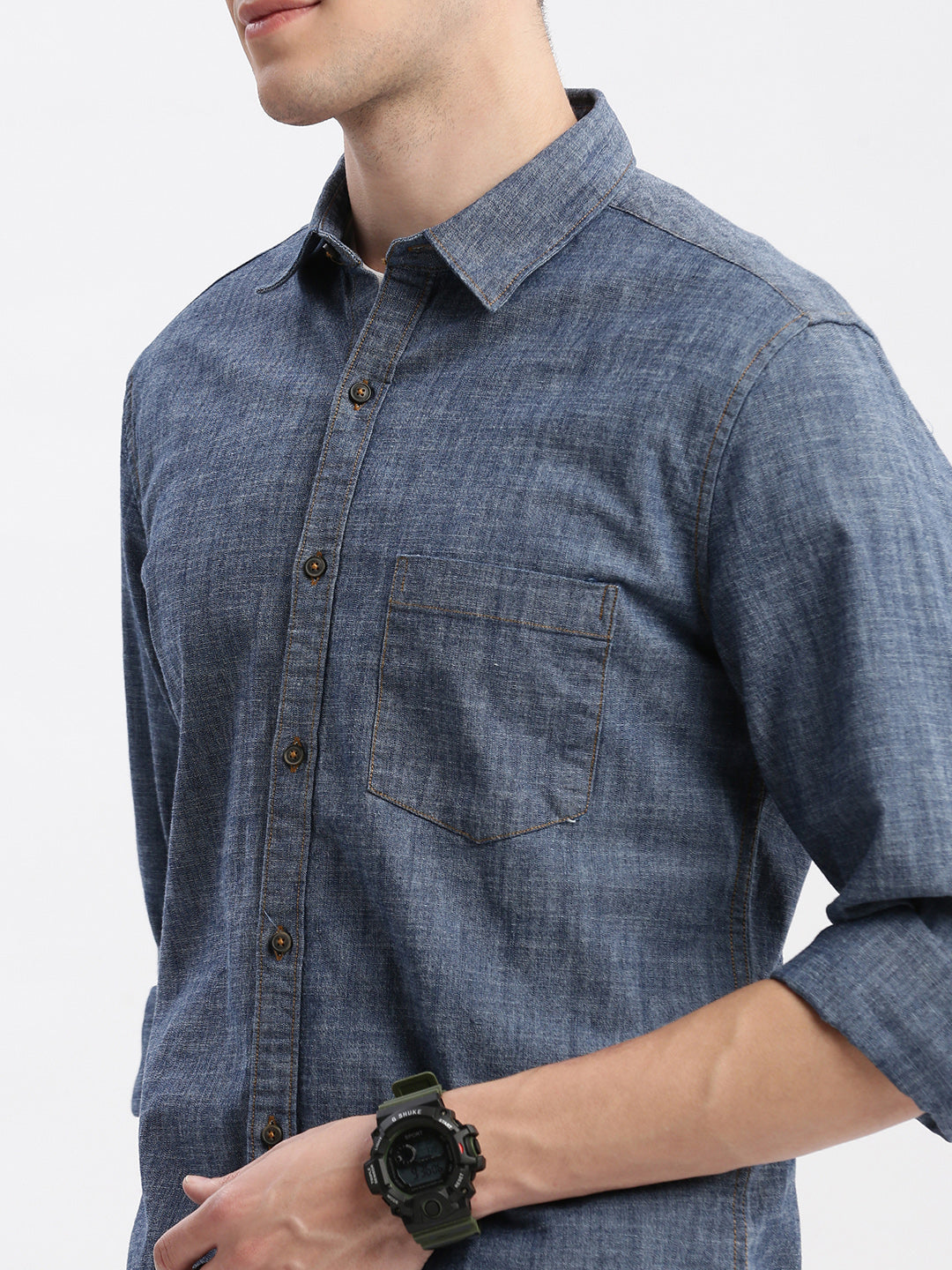 Men Spread Collar Solid Blue Shirt