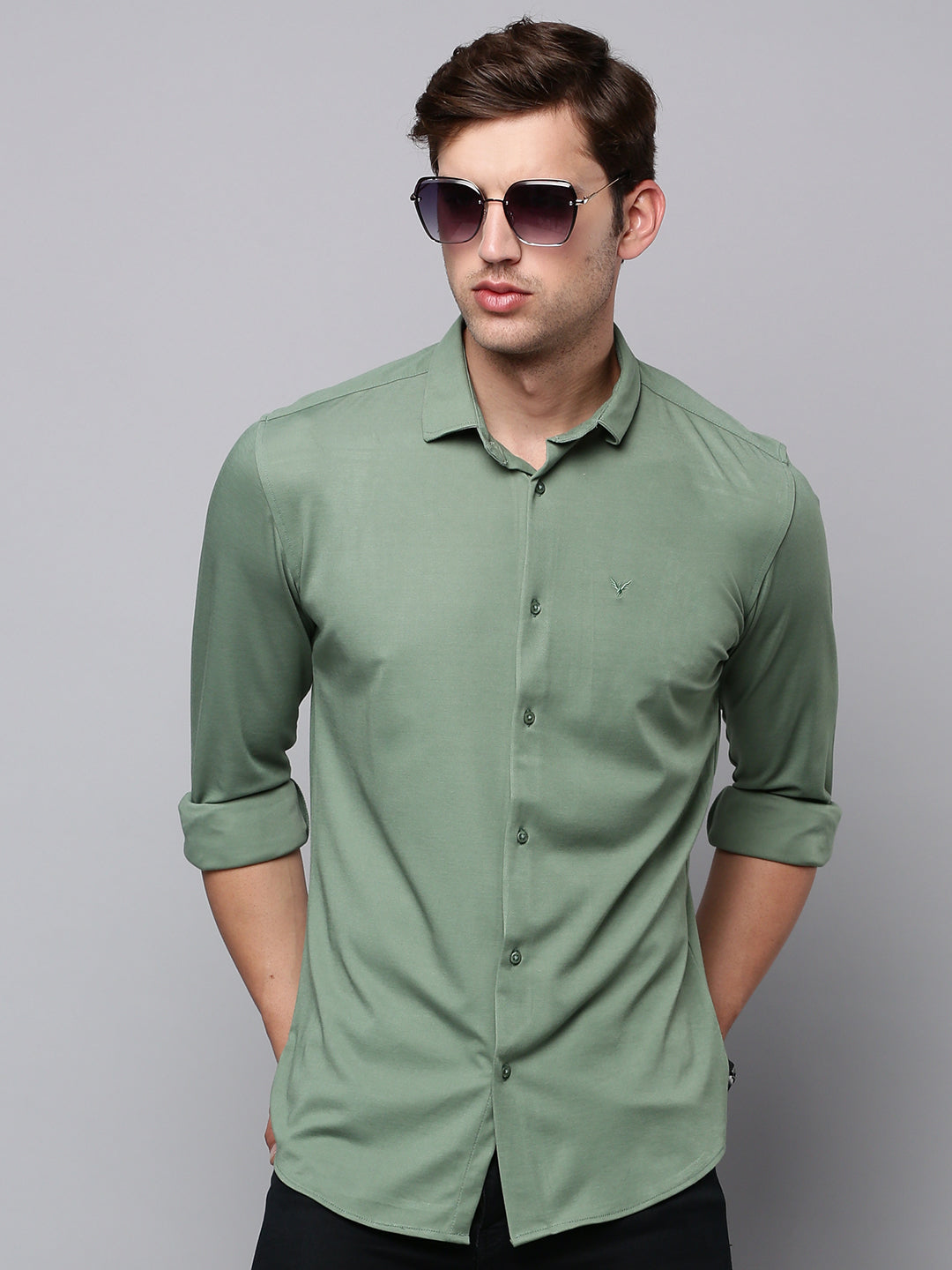Men Green Solid Casual Shirt