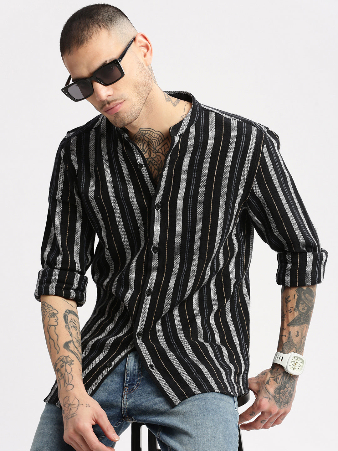 Men Mandarin Collar Vertical Stripes Black Casual Shirt