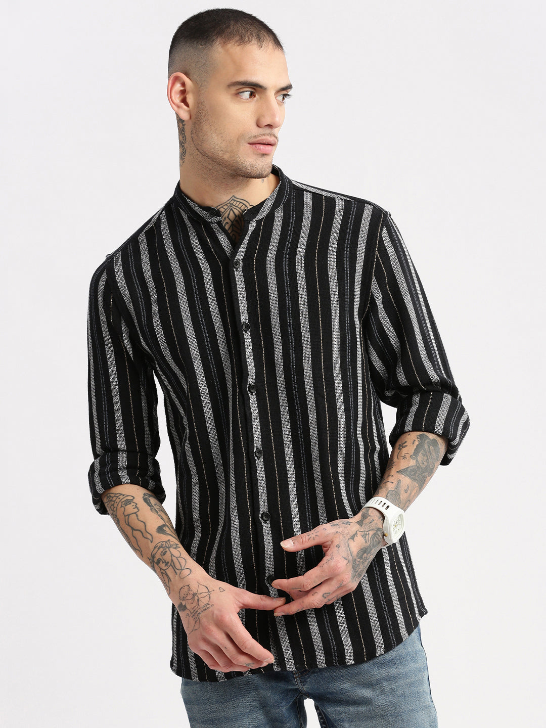 Men Mandarin Collar Vertical Stripes Black Casual Shirt