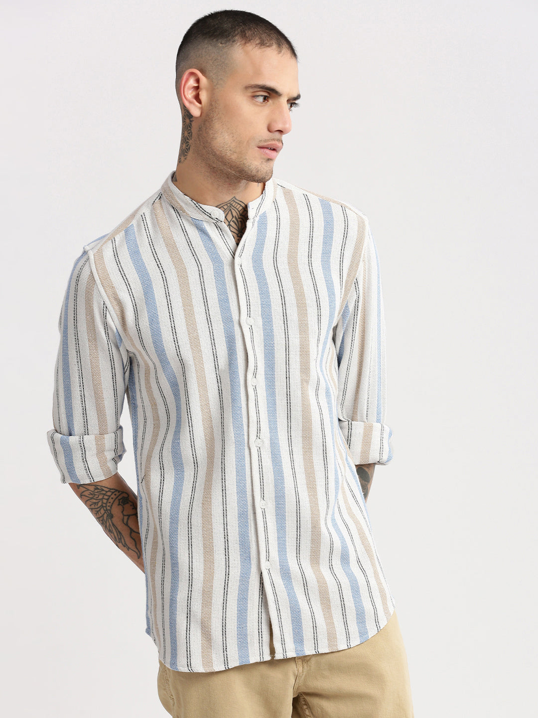 Men Mandarin Collar Vertical Stripes White Casual Shirt