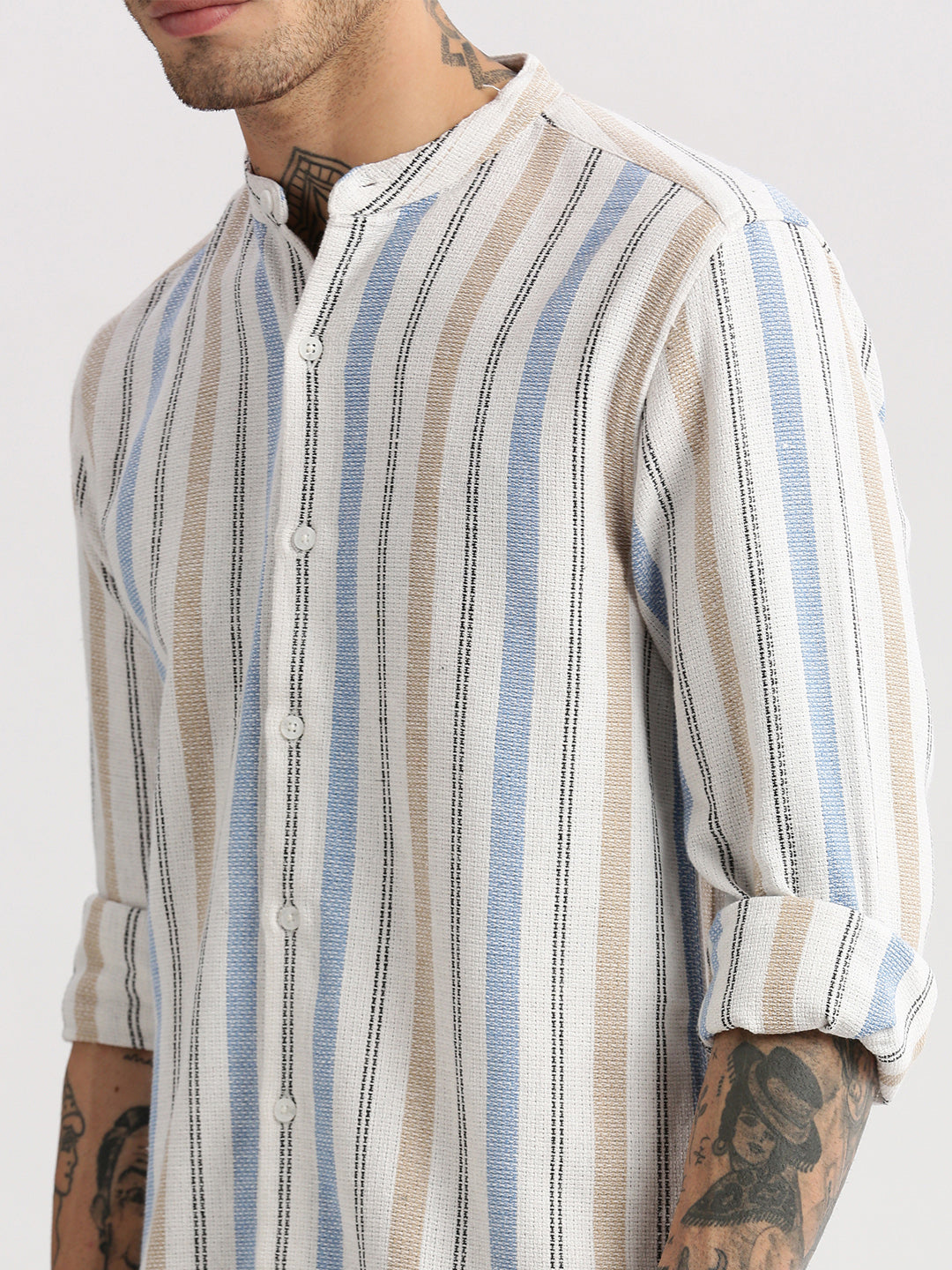Men Mandarin Collar Vertical Stripes White Casual Shirt