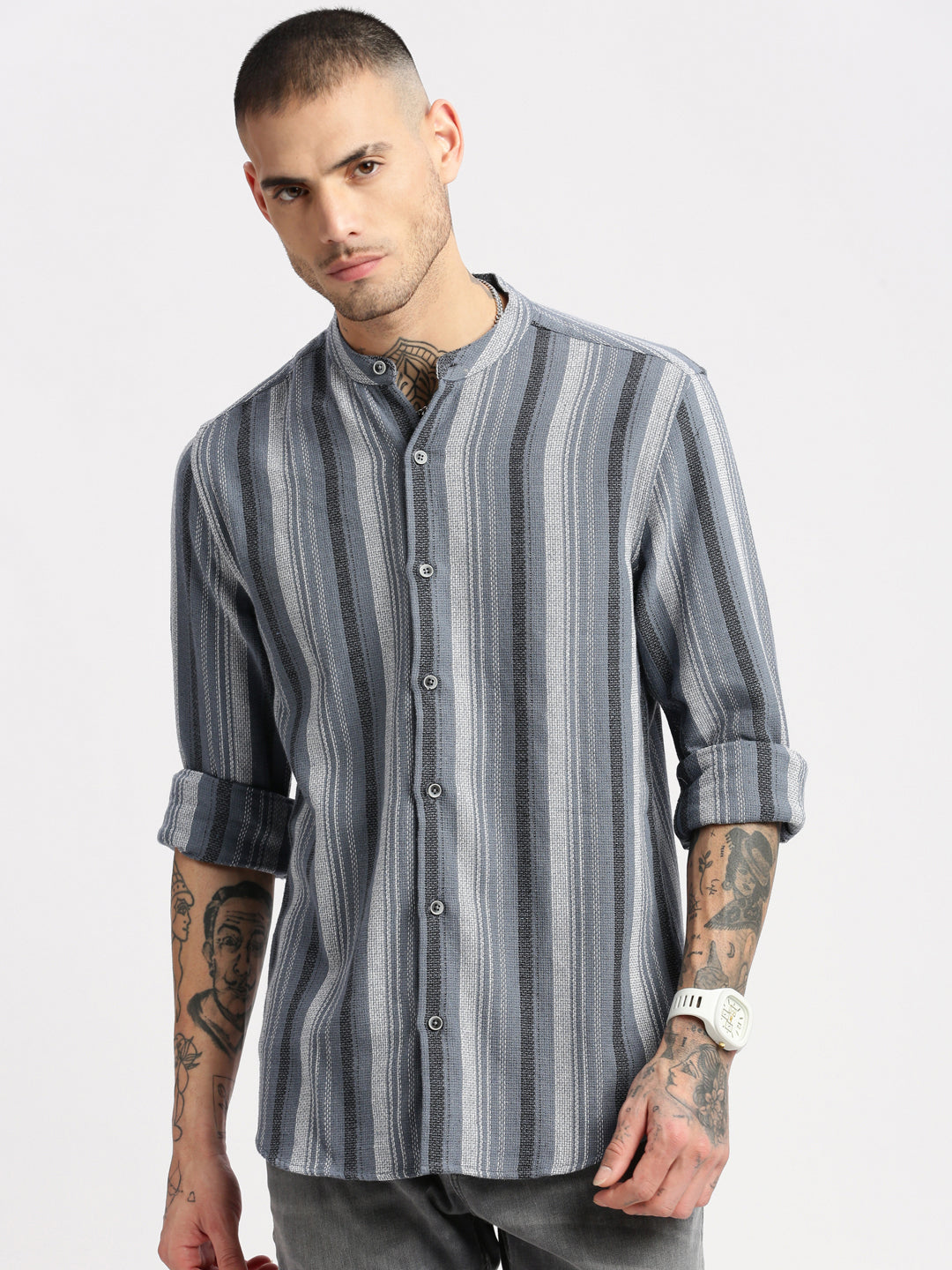 Men Mandarin Collar Vertical Stripes Grey Casual Shirt