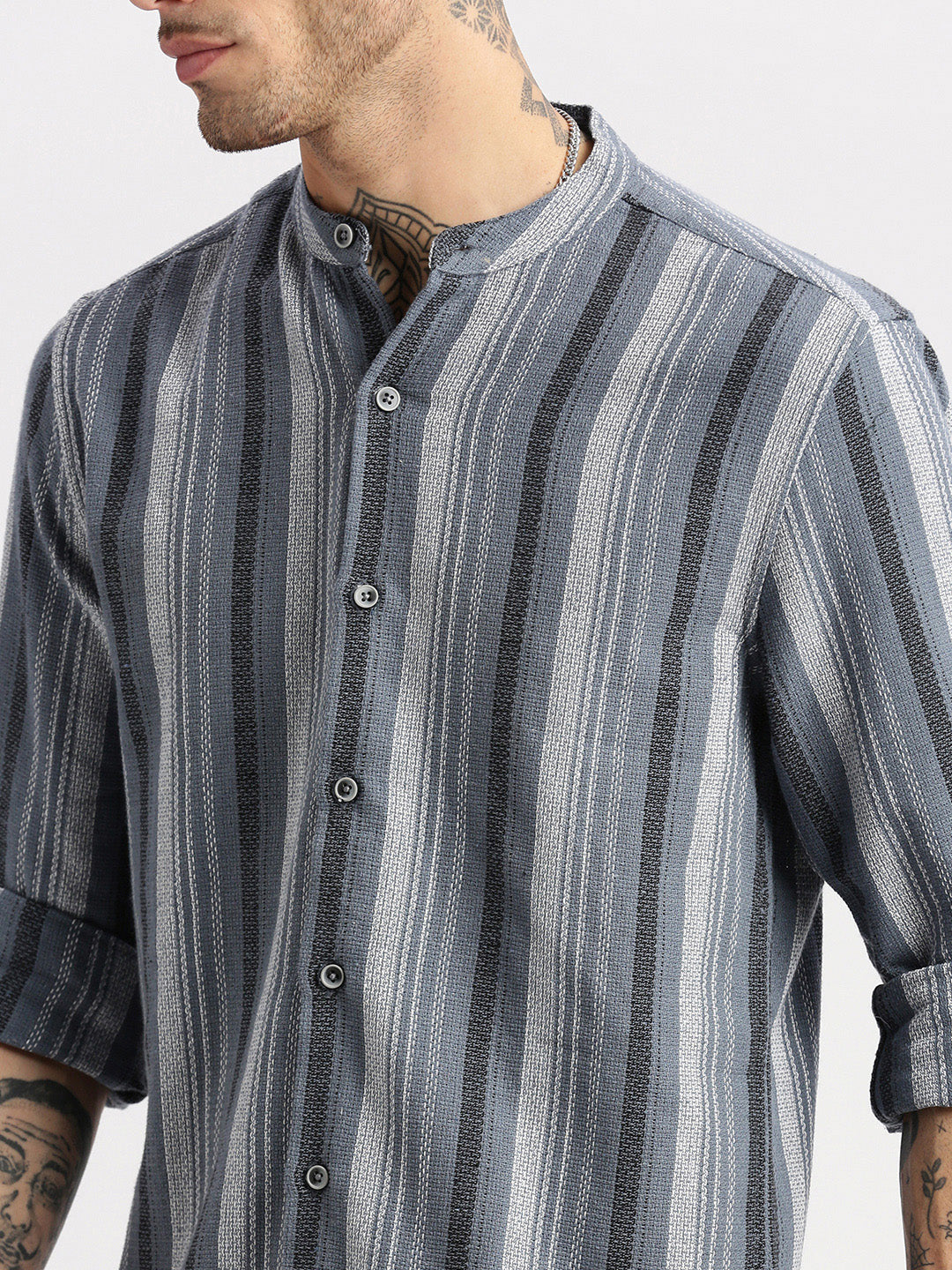 Men Mandarin Collar Vertical Stripes Grey Casual Shirt