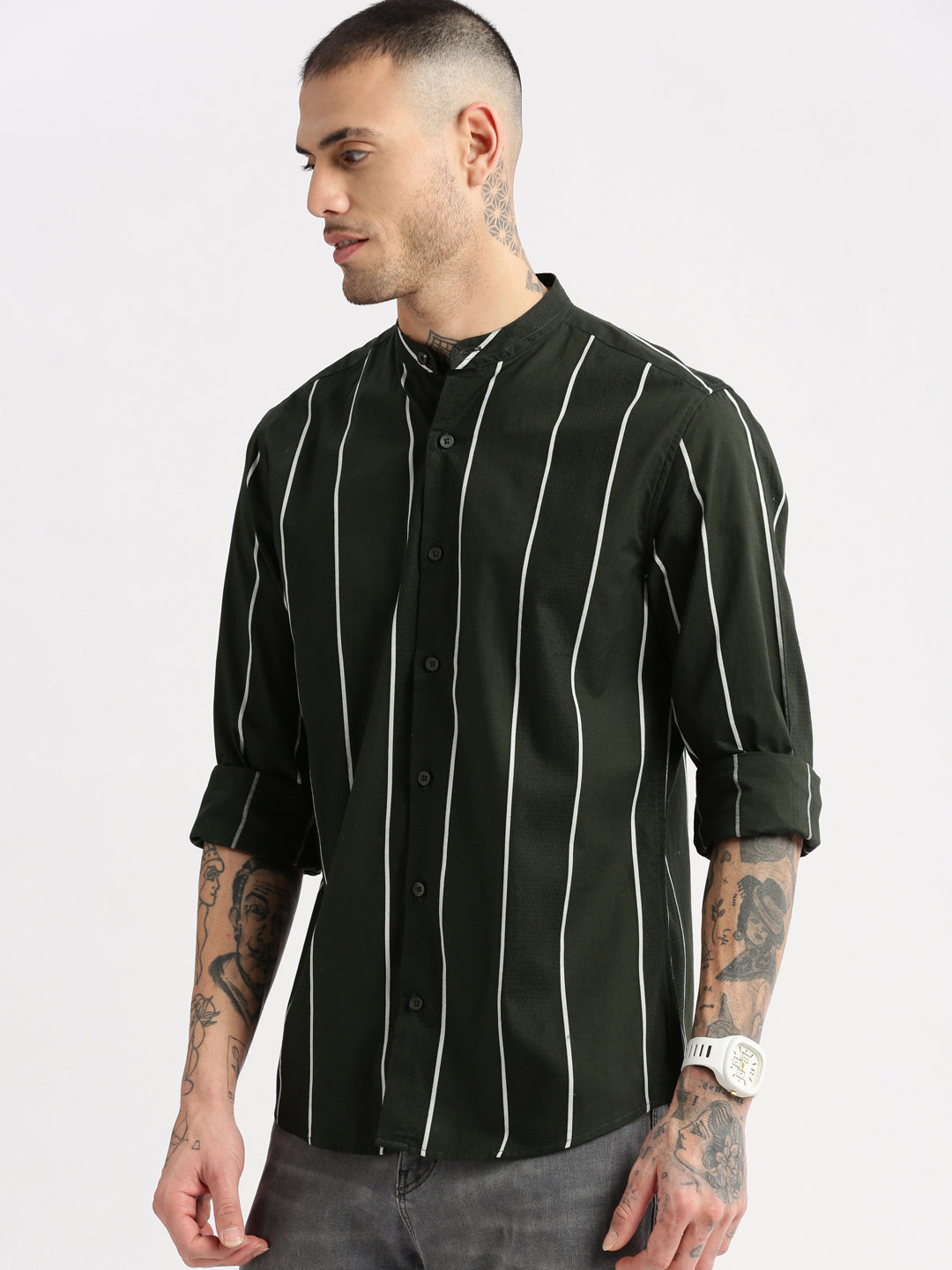 Men Mandarin Collar Vertical Stripes Green Casual Shirt