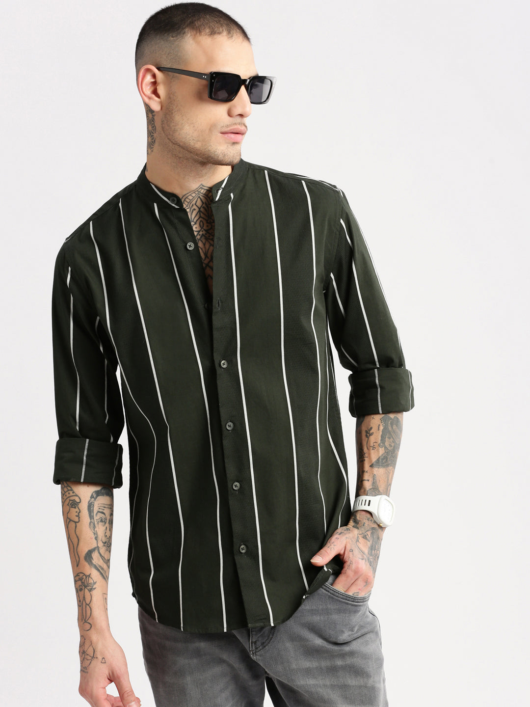Men Mandarin Collar Vertical Stripes Green Casual Shirt