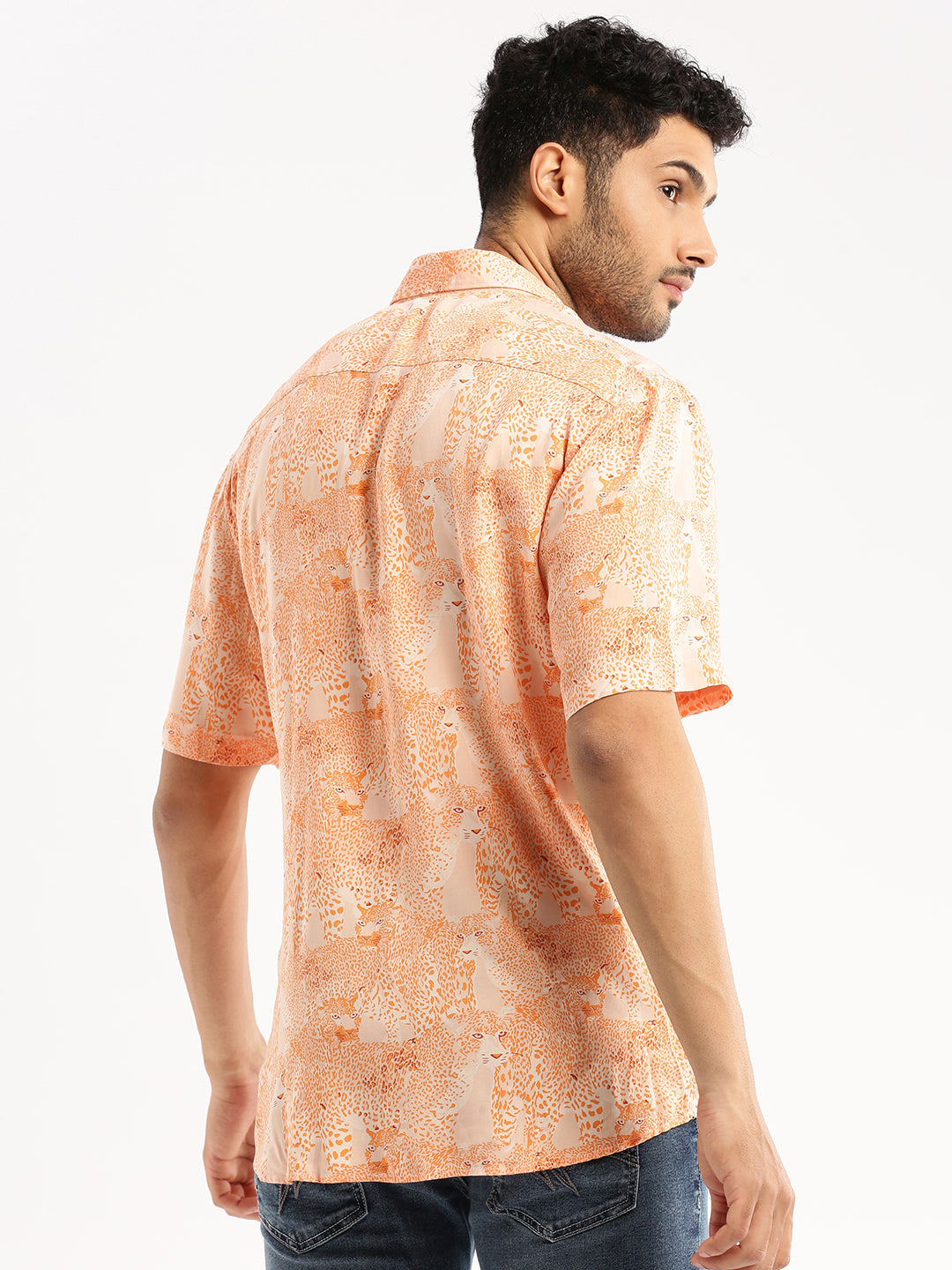 Men Orange Spread Collar Abstract Shirt