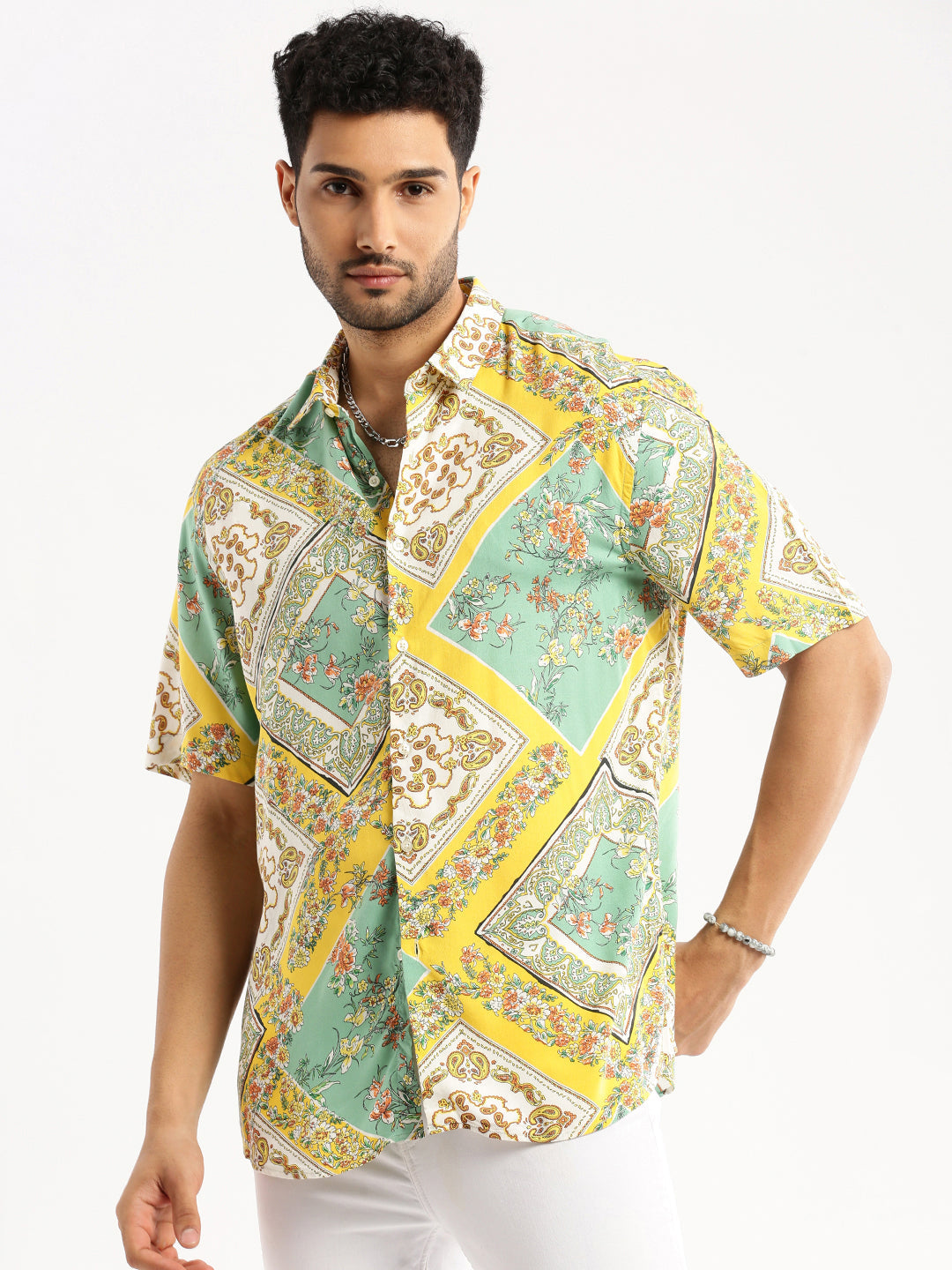 Men Sea Green Spread Collar Floral Shirt