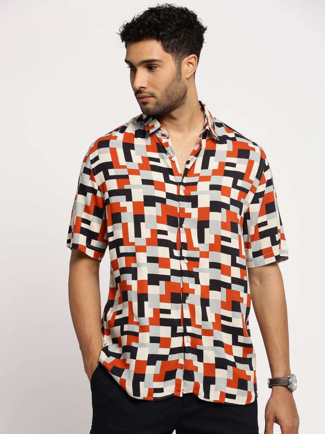 Men Multi Spread Collar Geometric Shirt