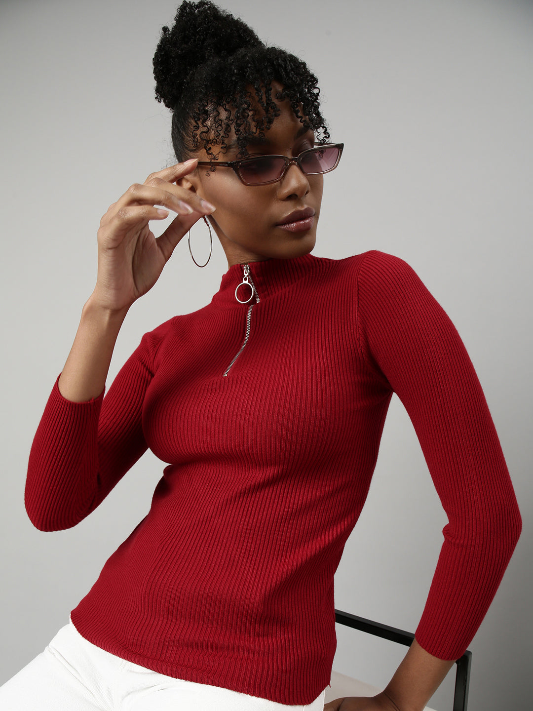 Women Red Solid Fitted Top