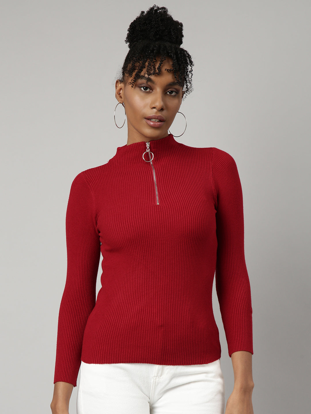 Women Red Solid Fitted Top