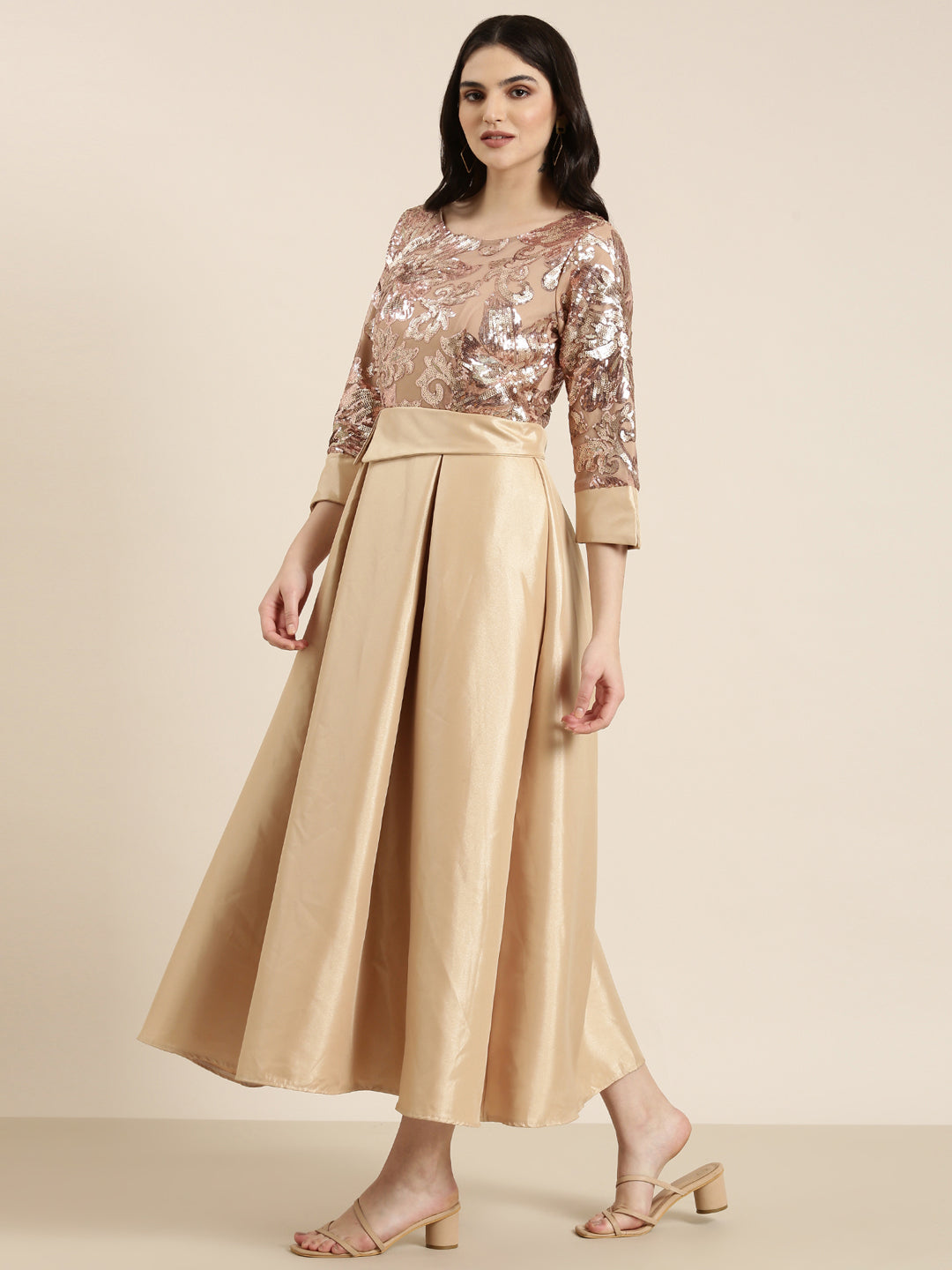 Women Gold Embellished Fit and Flare Dress