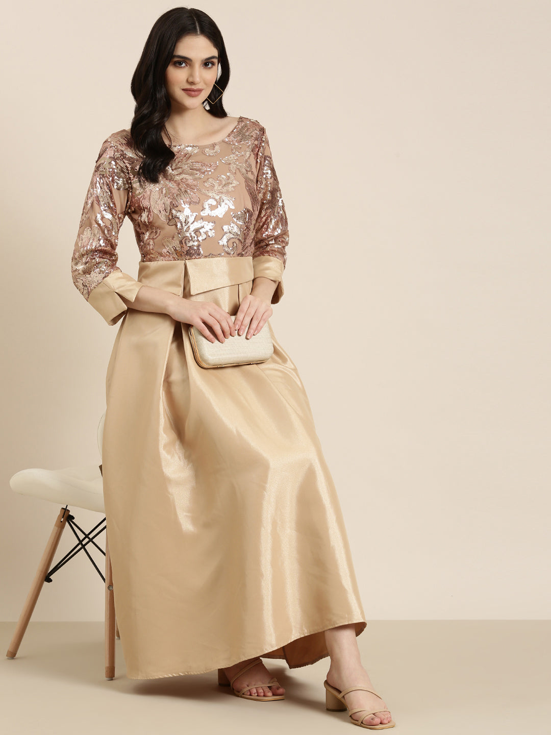 Women Gold Embellished Fit and Flare Dress