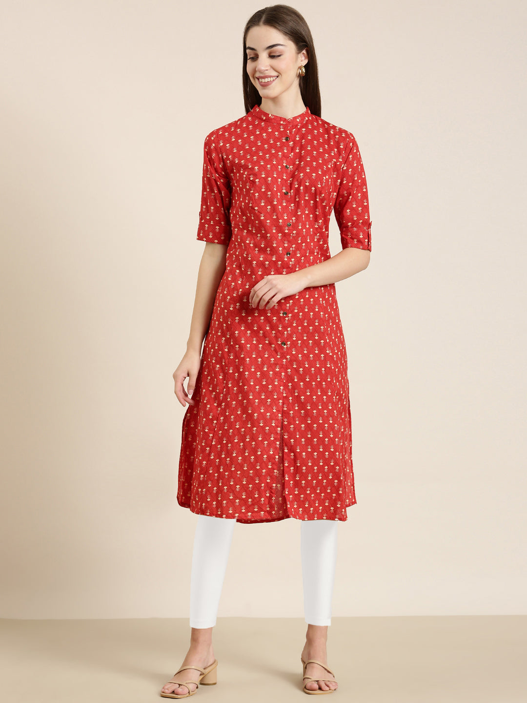 Women Red Geometrical A-Line Kurta