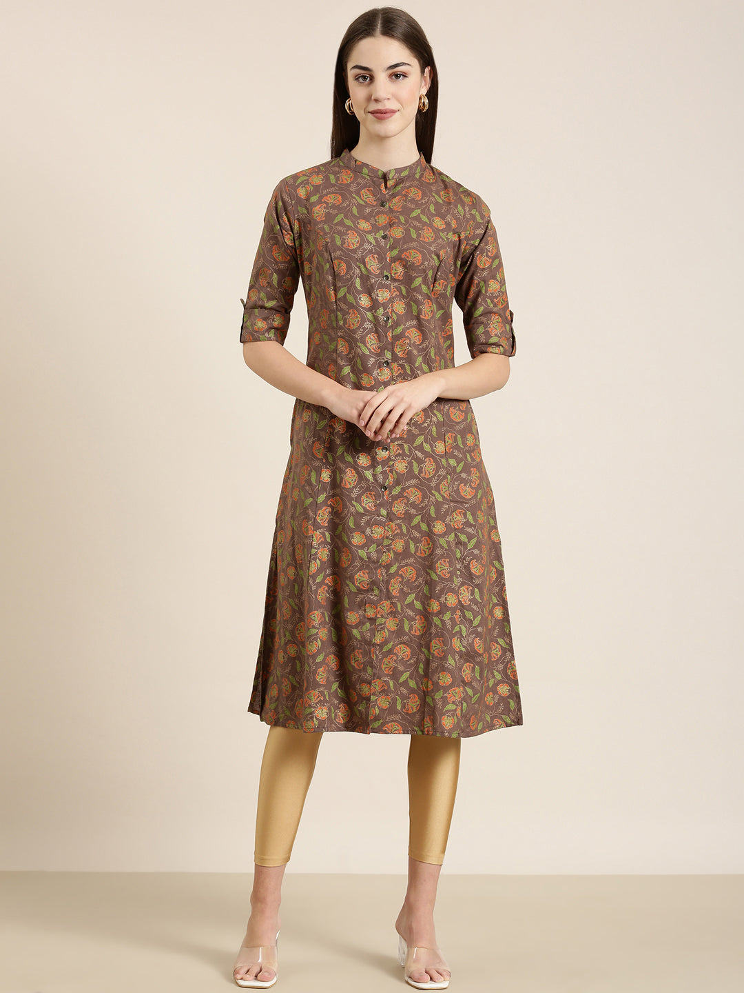 Women Taupe Floral A-Line Kurta