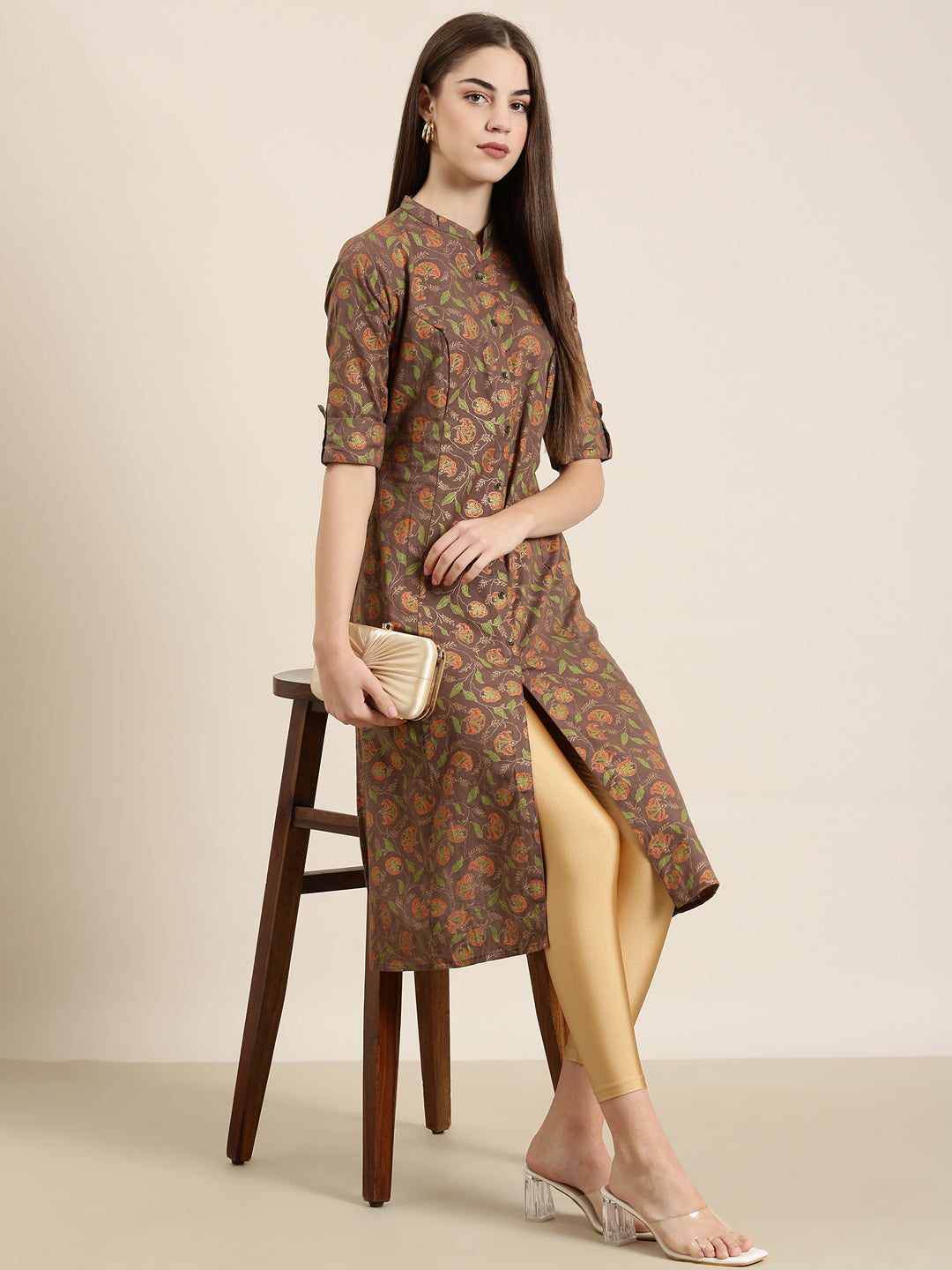 Women Taupe Floral A-Line Kurta