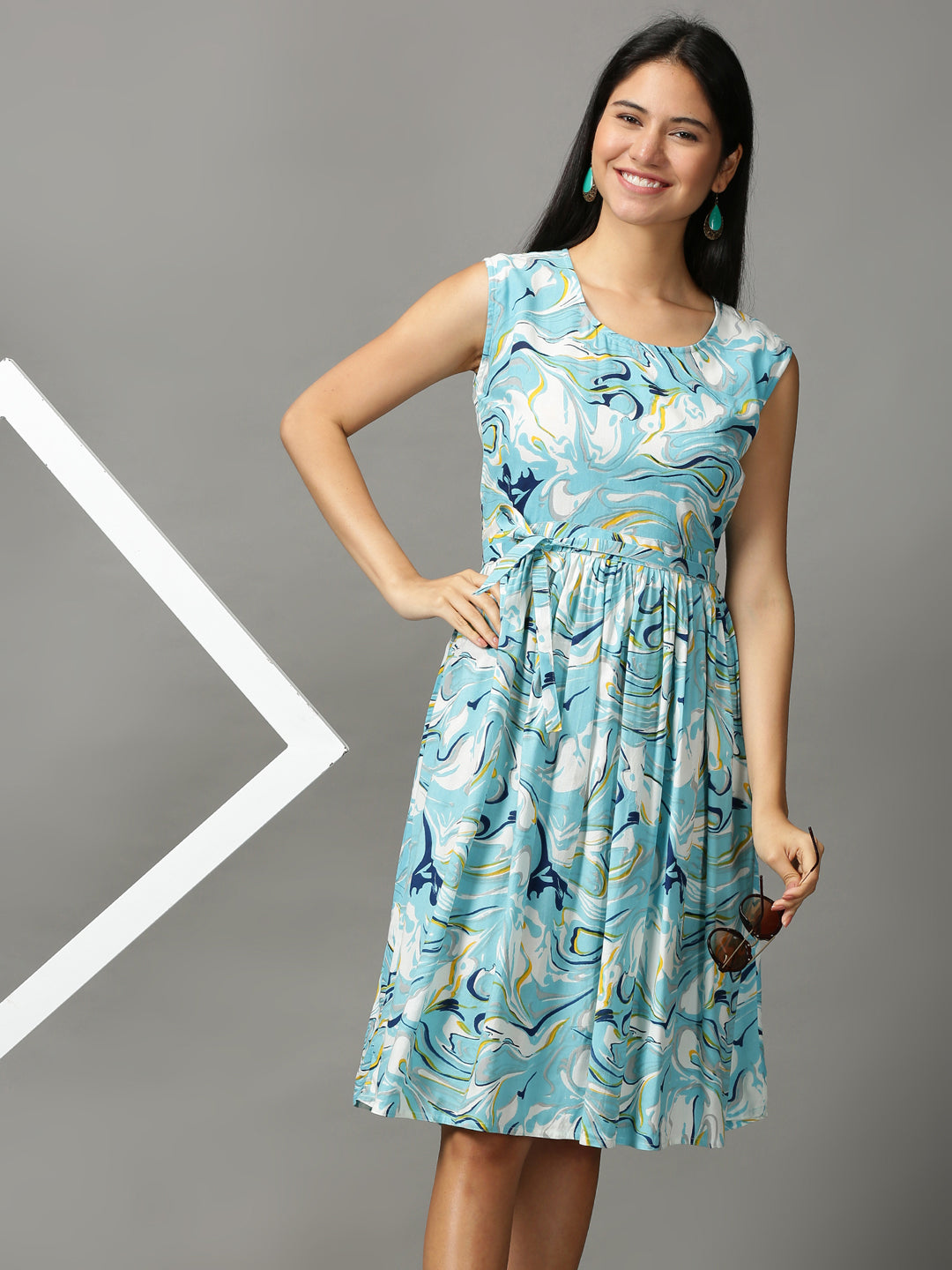 Women's Blue Printed Fit and Flare Dress