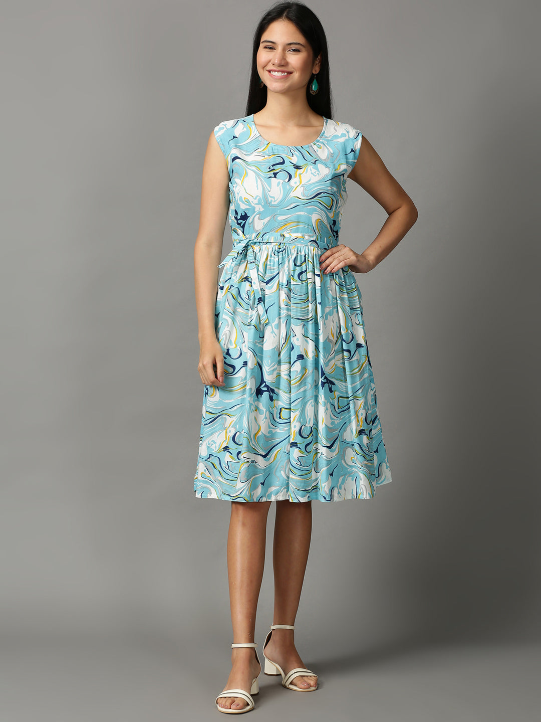 Women's Blue Printed Fit and Flare Dress