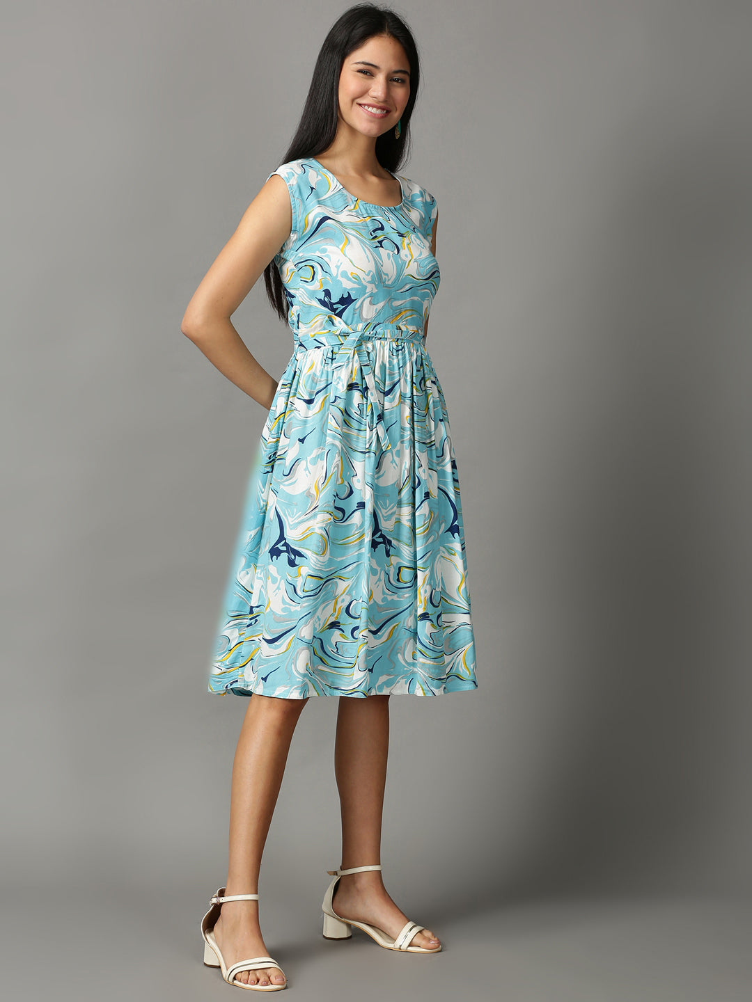 Women's Blue Printed Fit and Flare Dress