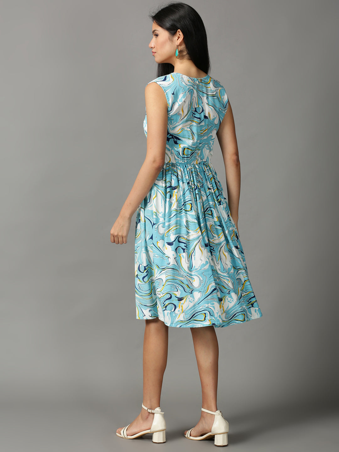 Women's Blue Printed Fit and Flare Dress