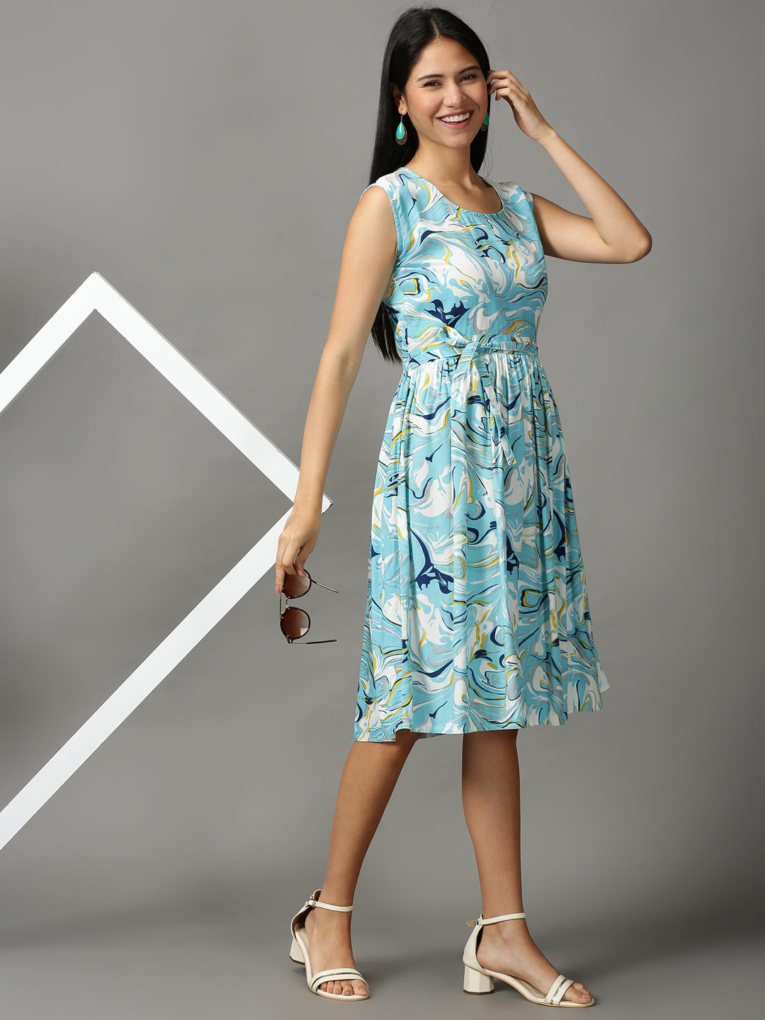 Women's Blue Printed Fit and Flare Dress