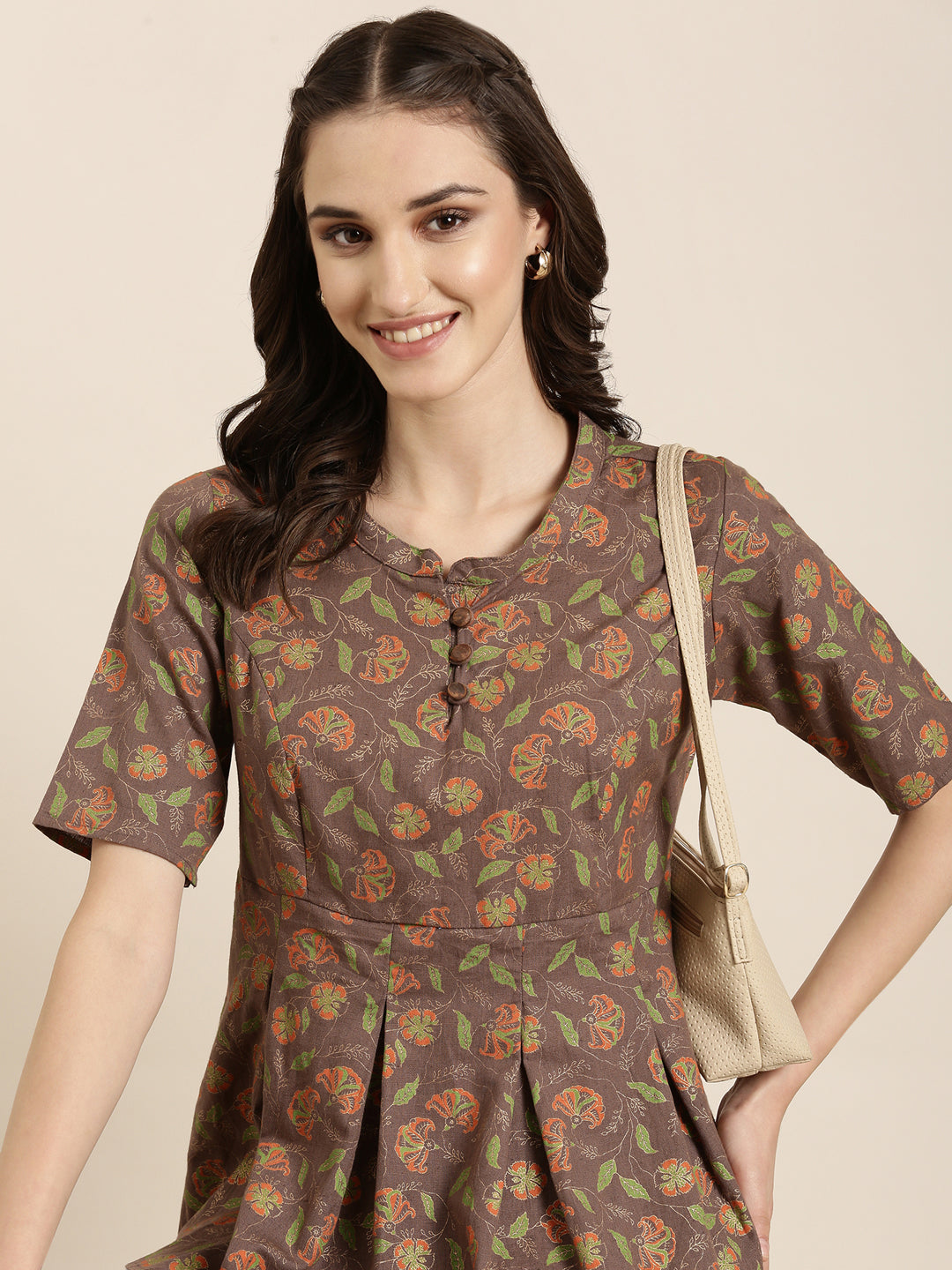 Women Taupe Floral A-Line Kurti