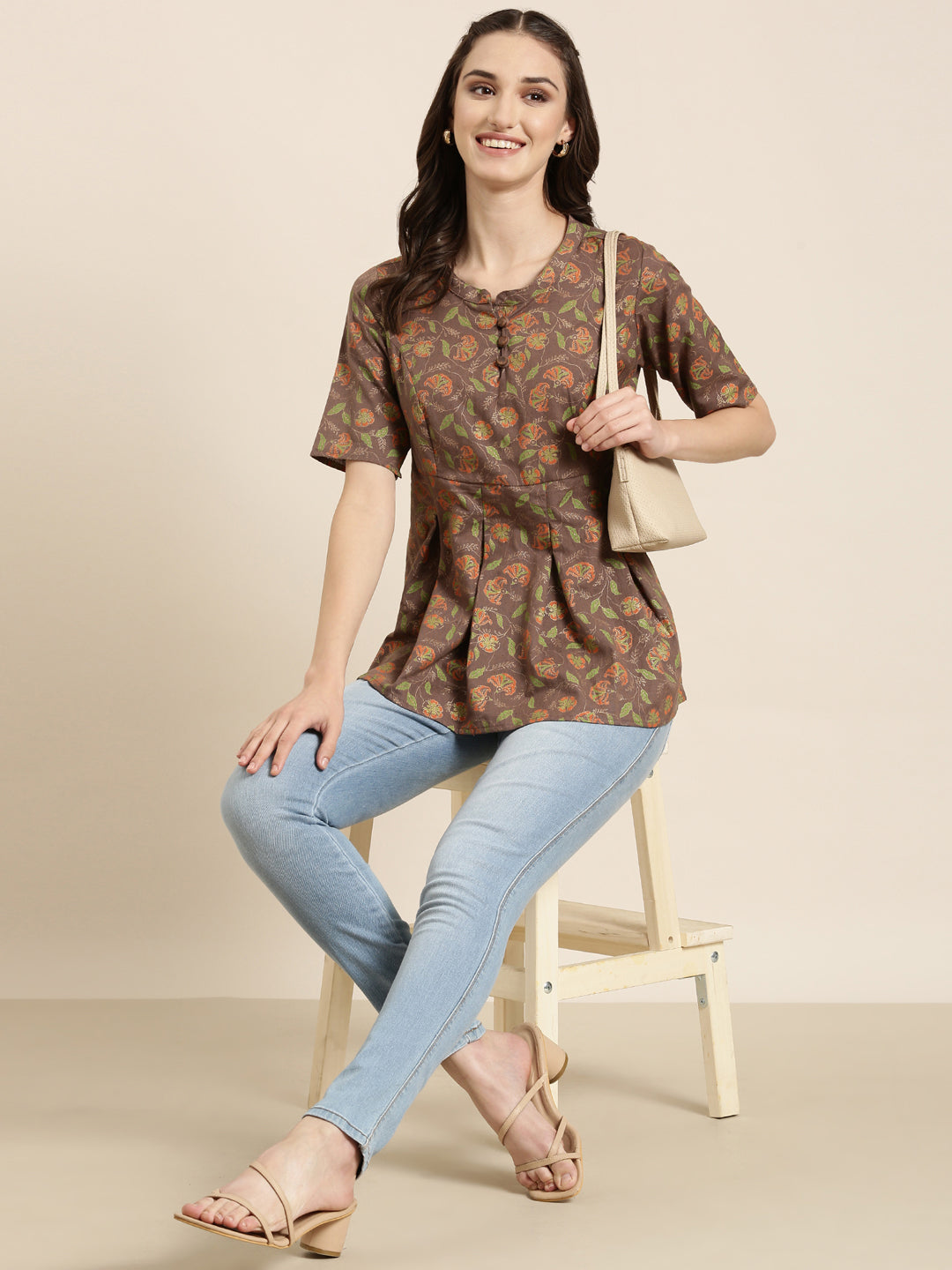 Women Taupe Floral A-Line Kurti