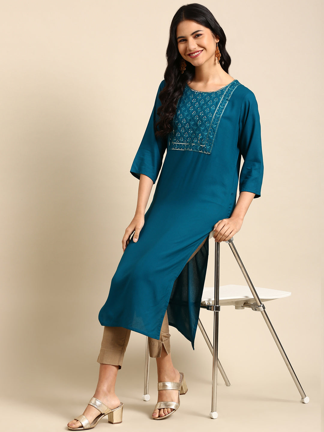 Women's Teal Solid Straight Kurta