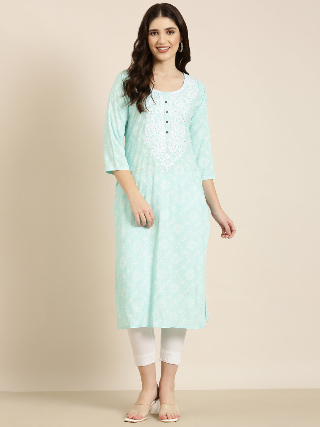 Women Sea Green Floral Straight Kurta