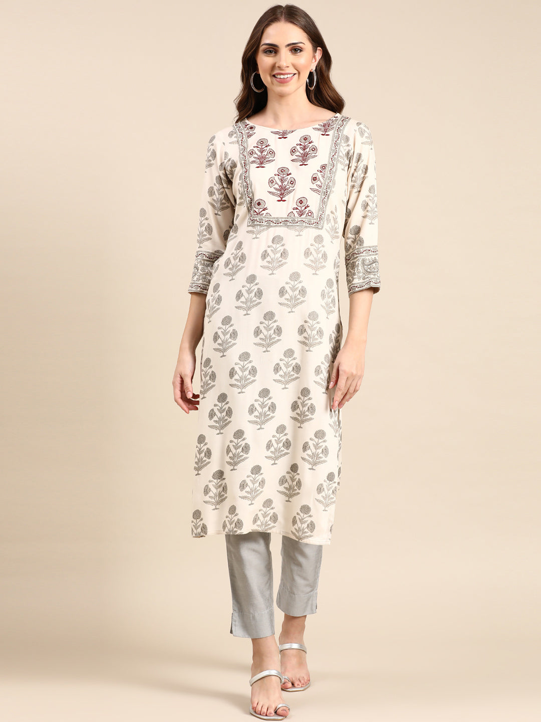 Women's Cream Printed Straight Kurta