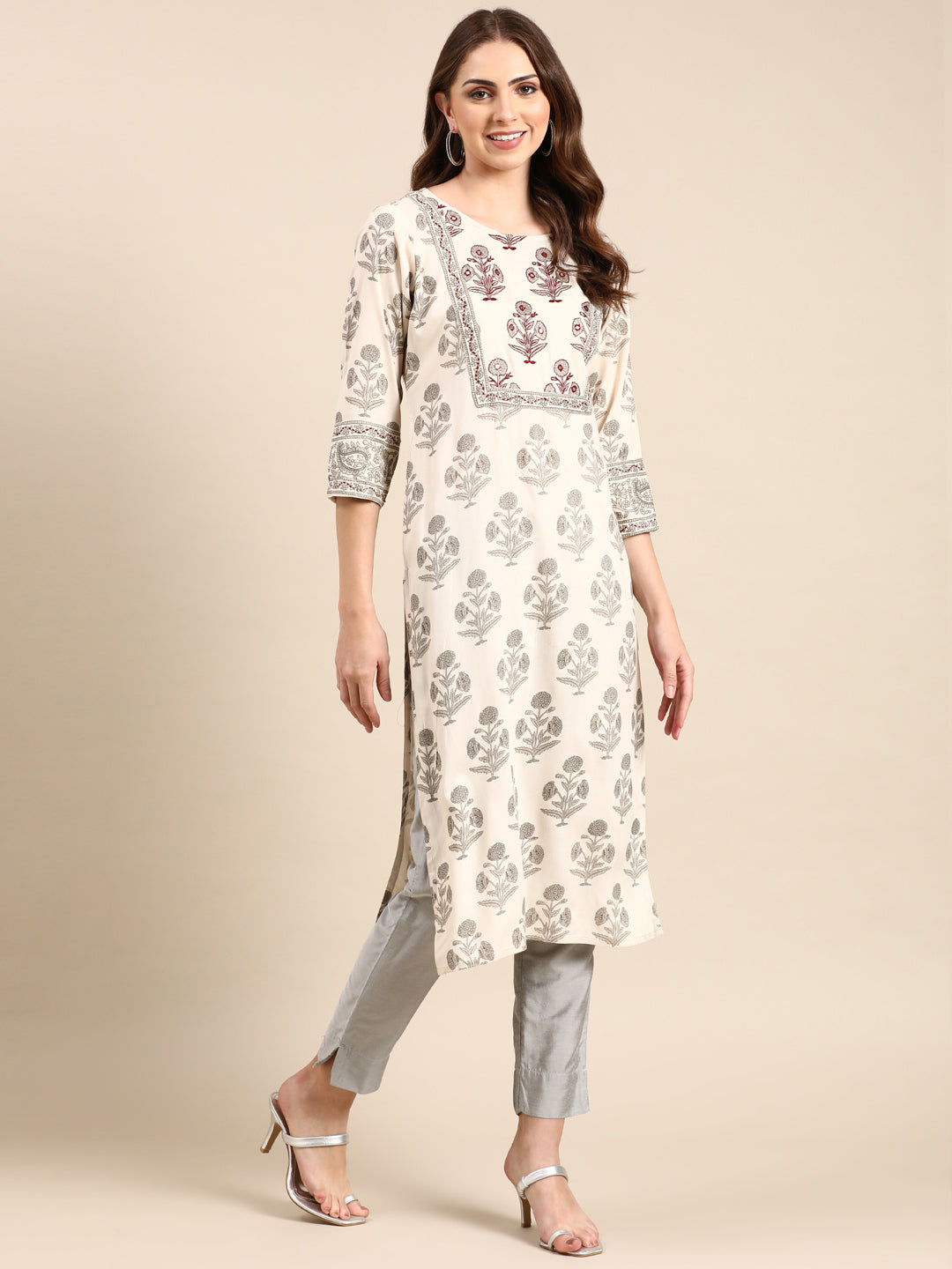 Women's Cream Printed Straight Kurta