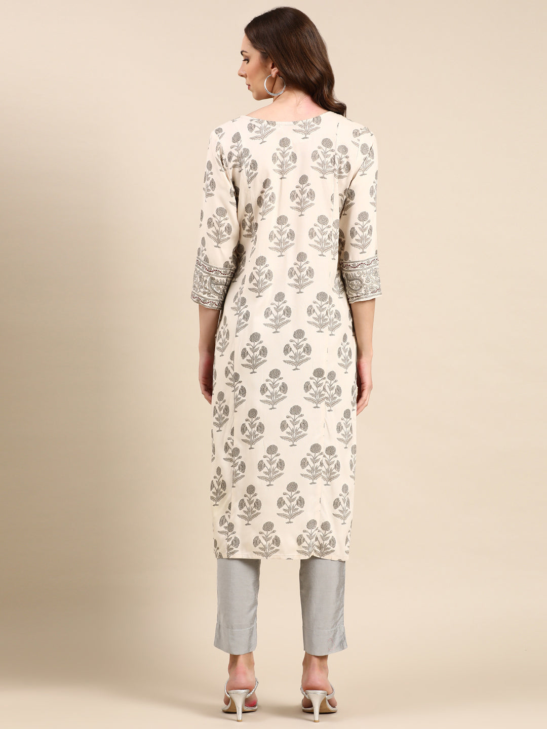 Women's Cream Printed Straight Kurta