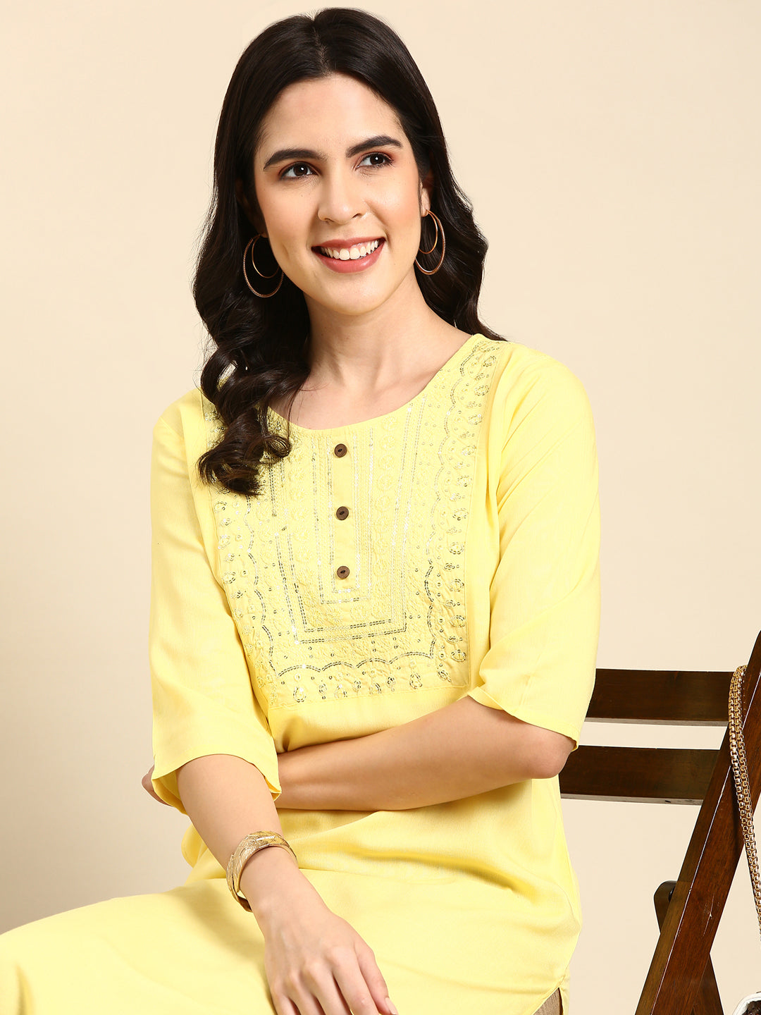 Women's Yellow Embellished Straight Kurta