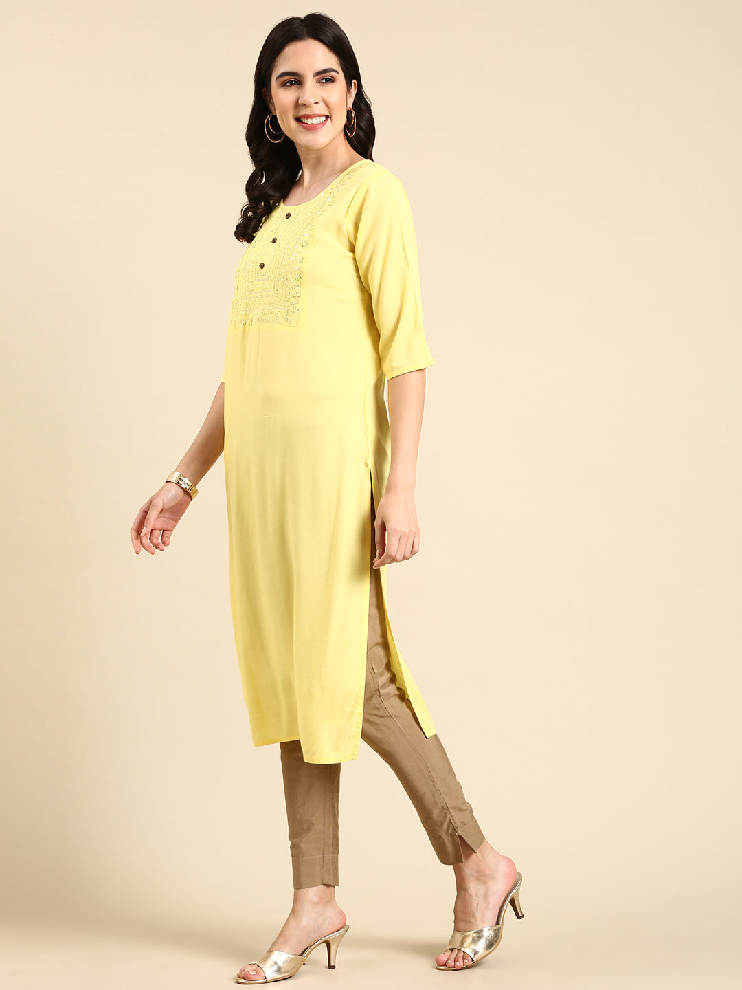 Women's Yellow Embellished Straight Kurta